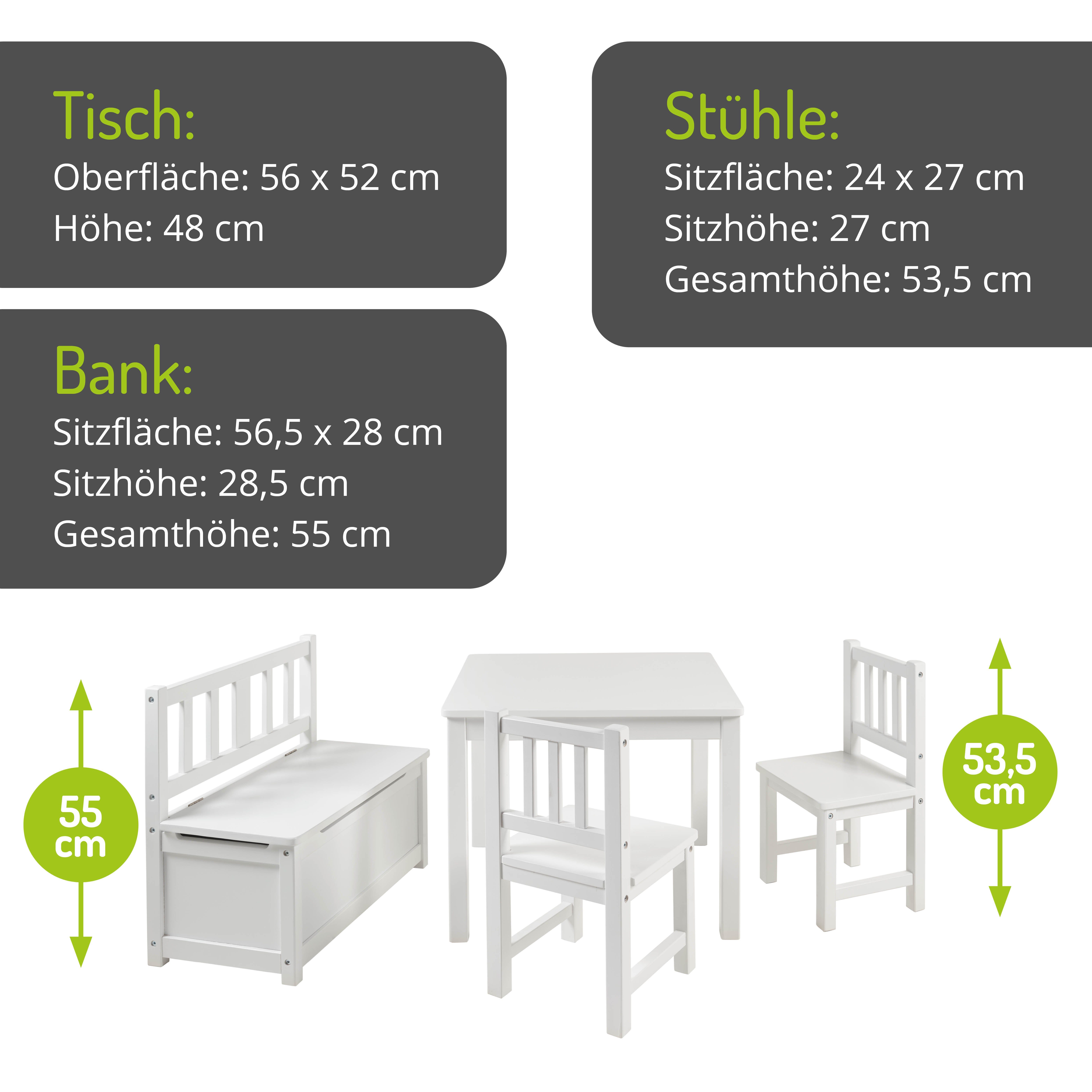 BOMI Kindersitzgruppe Holzsitzgruppe Anna, (4-tlg), Kindertischgruppe aus Holz (4tlg. Tisch, Kinderbank, 2 x Stühle)