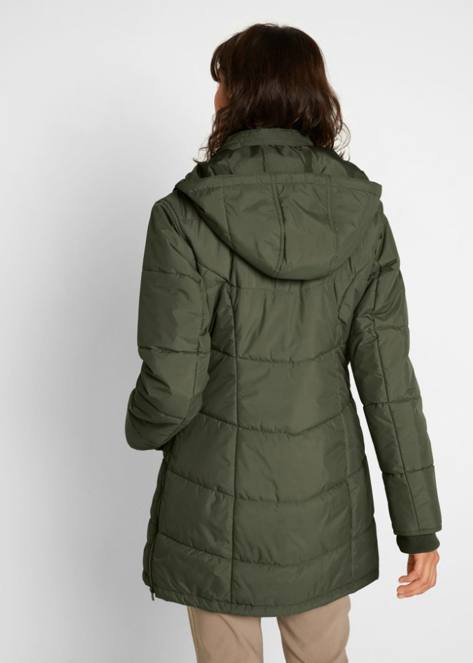 Long-Steppjacke, wattiert mit Kragen und Kapuze
