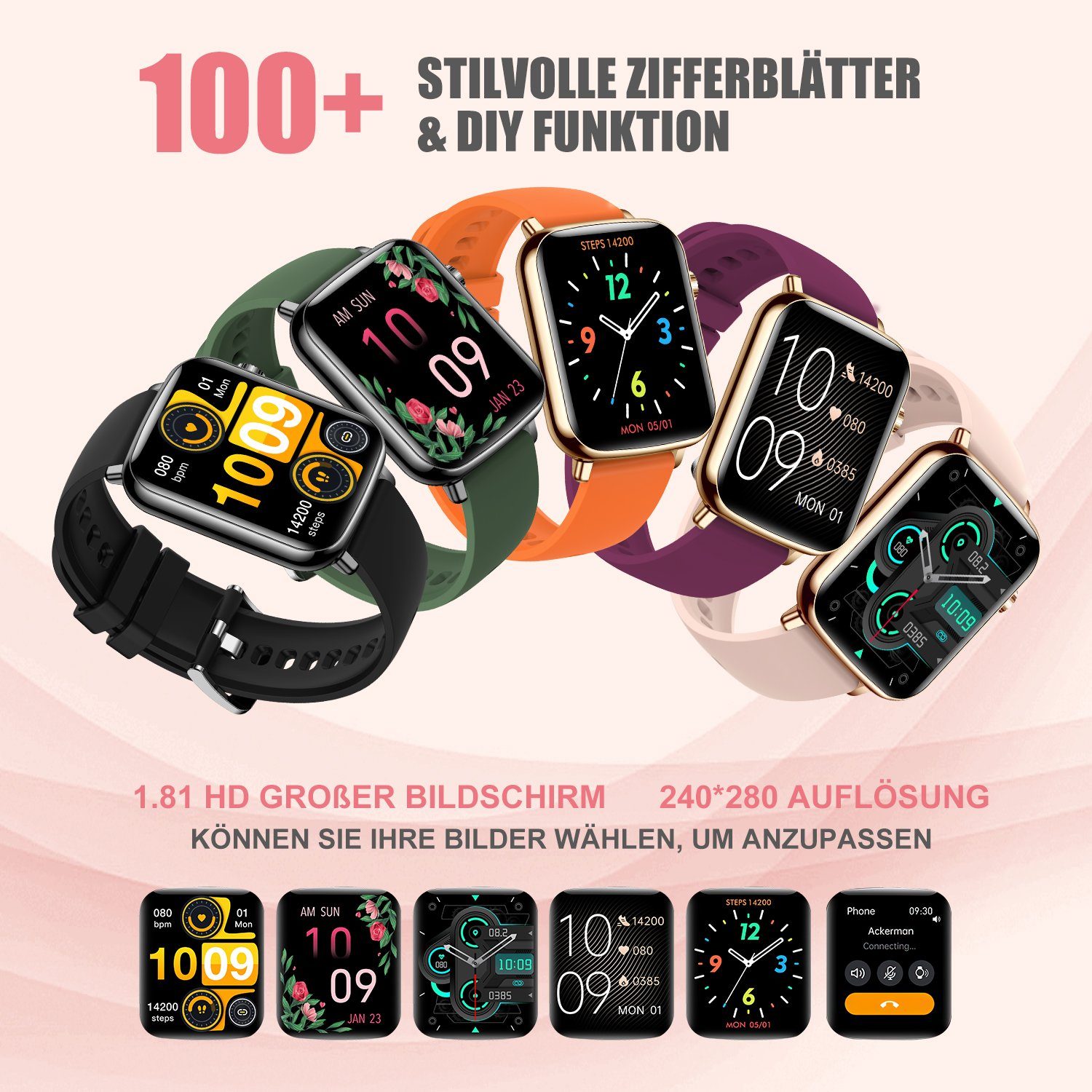 Mutoy Smartwatch, Smartwatch Damen mit Telefonfunktion Uhren Herren Smartwatch (1,81