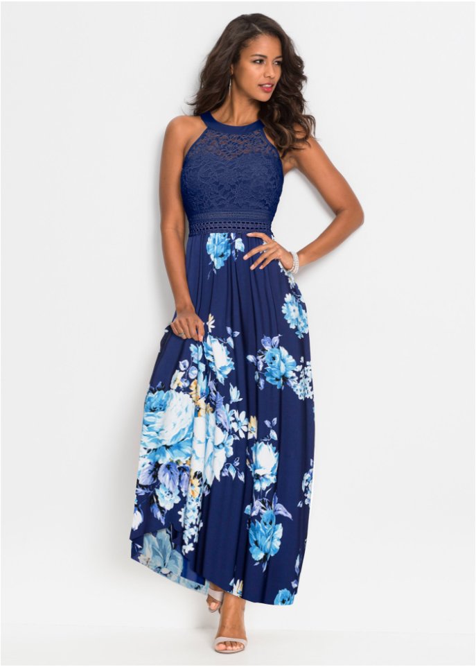 Sommer-Maxikleid mit Blumen-Print und Spitze