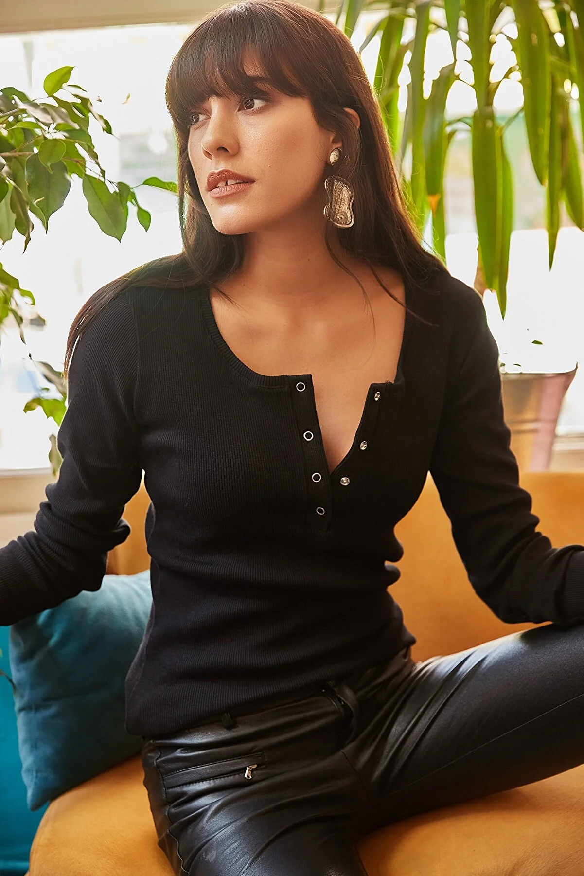 Olalook  Schwarze karierte Camisole-Bluse für Damen BLZ-19000588