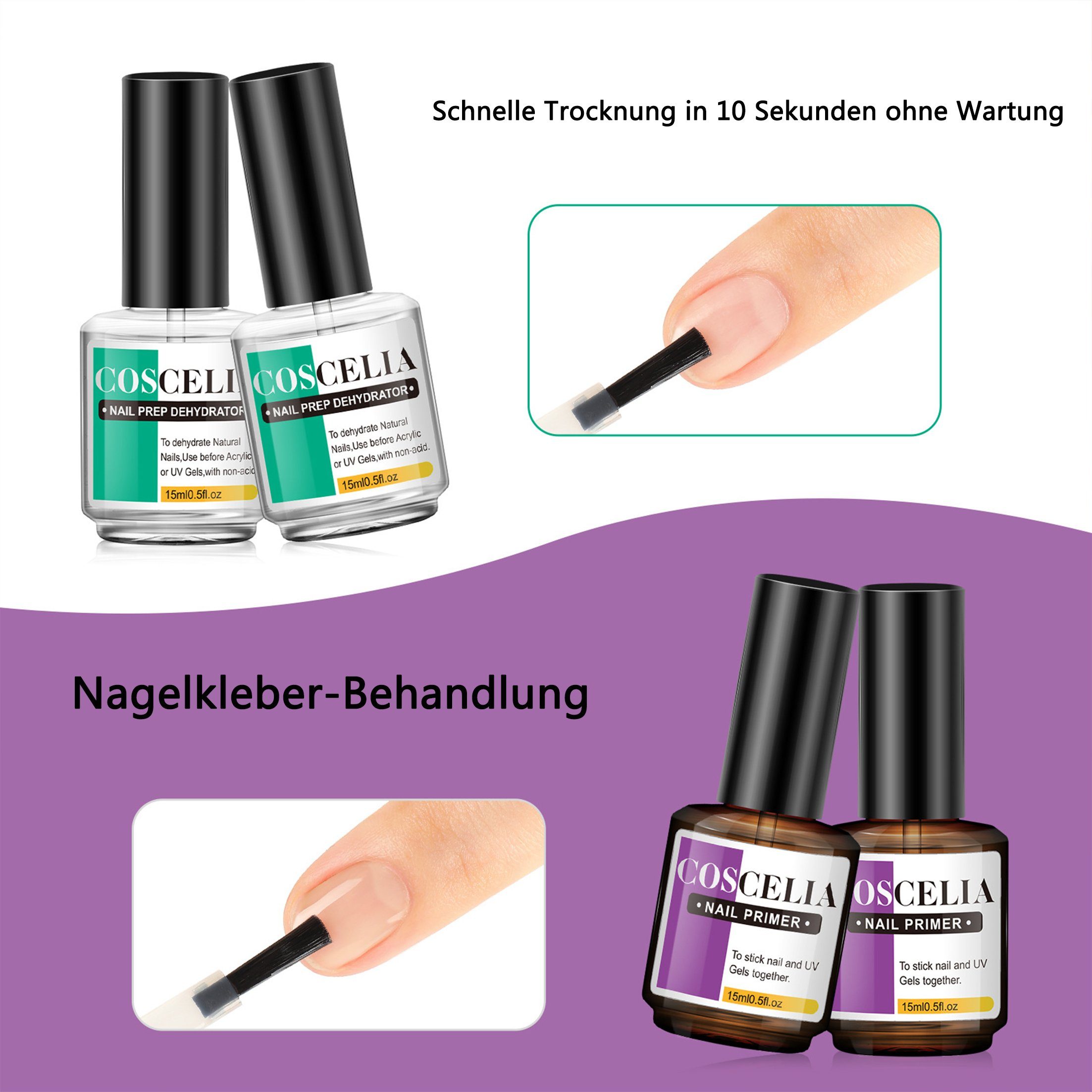 Scheiffy Nagelpflege-Set Nagel-Dehydrator,Nagelkleber,Nagelbasis-Gel für Nagelkunst,15ml, Verklebung,Nageltrockenmittel
