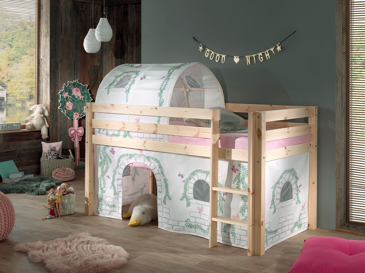 VIPACK Spielbett Pino mit Textilset Vorhang und Tunnel 