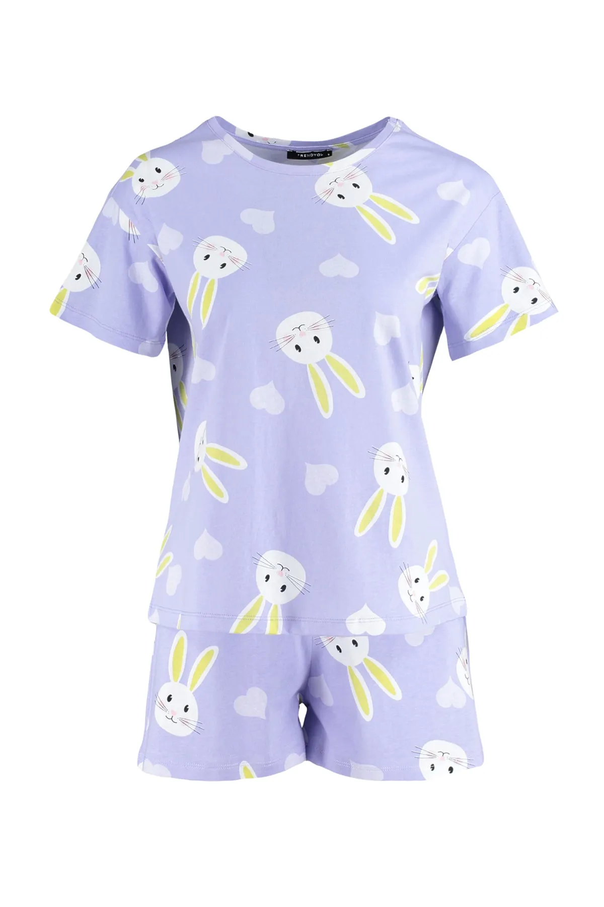 Trendyol Collection  Lila T-Shirt-Shorts aus 100 % Baumwolle mit Herz-Kaninchen-Muster und gestricktem Pyjama-Set THMSS23PT00005
