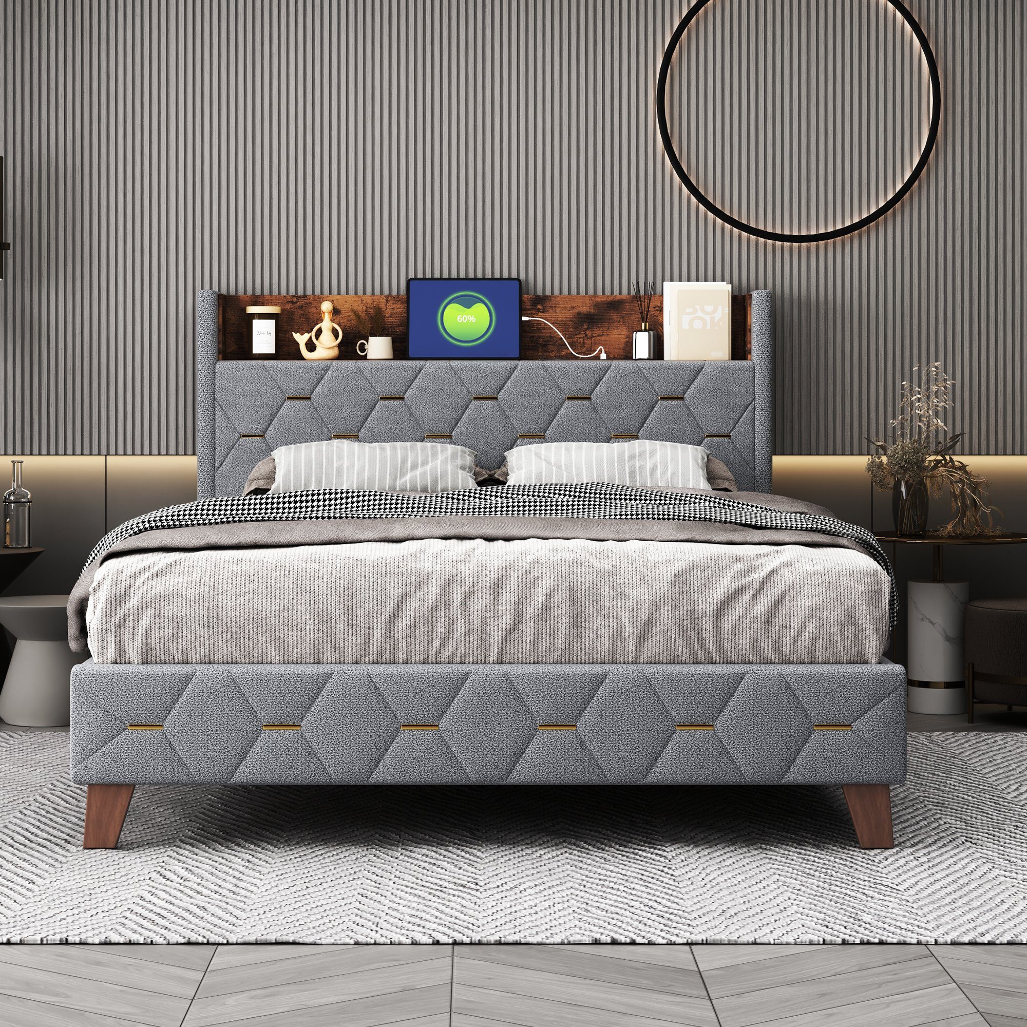 Flieks Polsterbett, Samt Doppelbett 140x200cm mit Stauraum am Kopfteil und USB-Anschluss