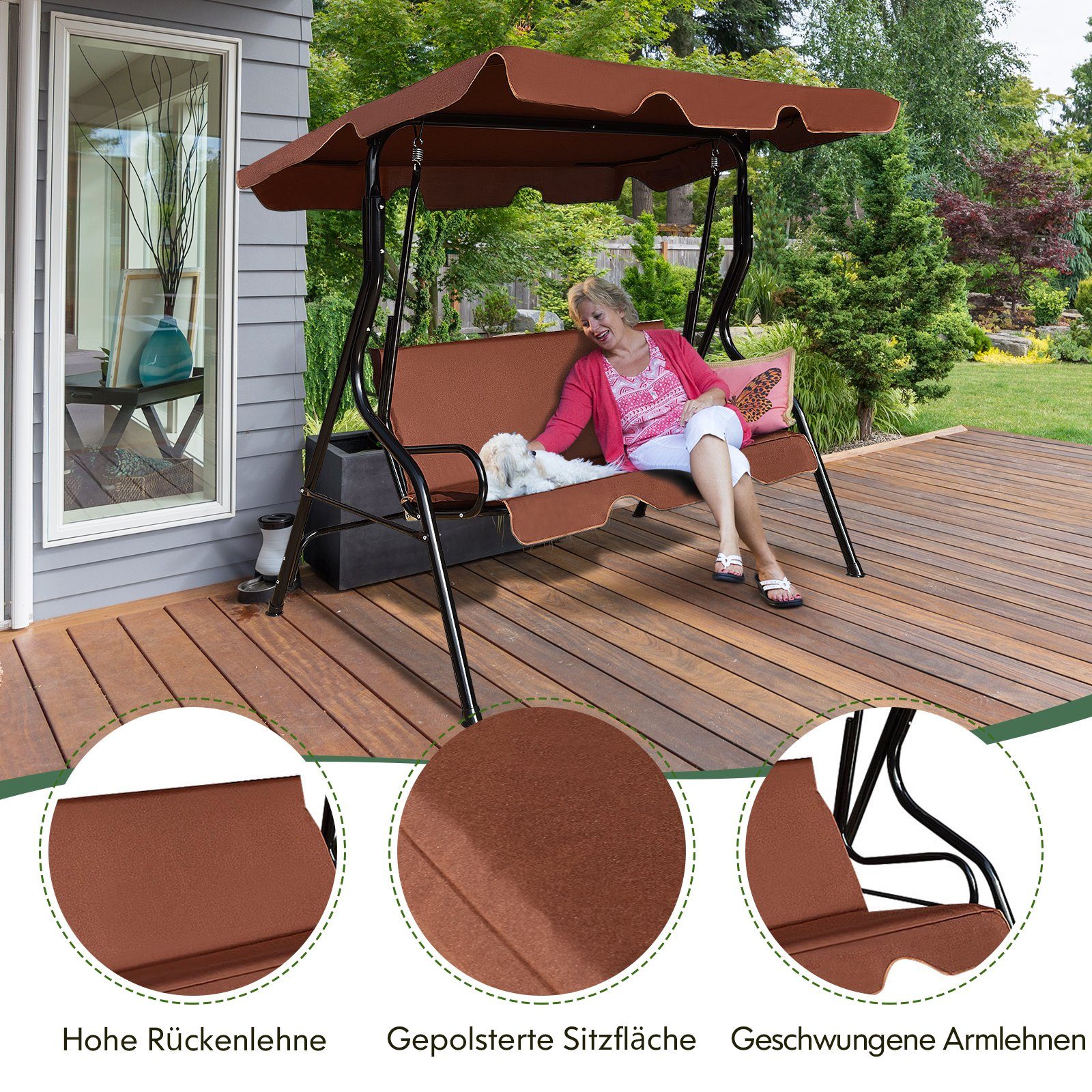 COSTWAY Hollywoodschaukel Gartenbank, 3-Sitzer, mit Sonnendach, bis 210 kg