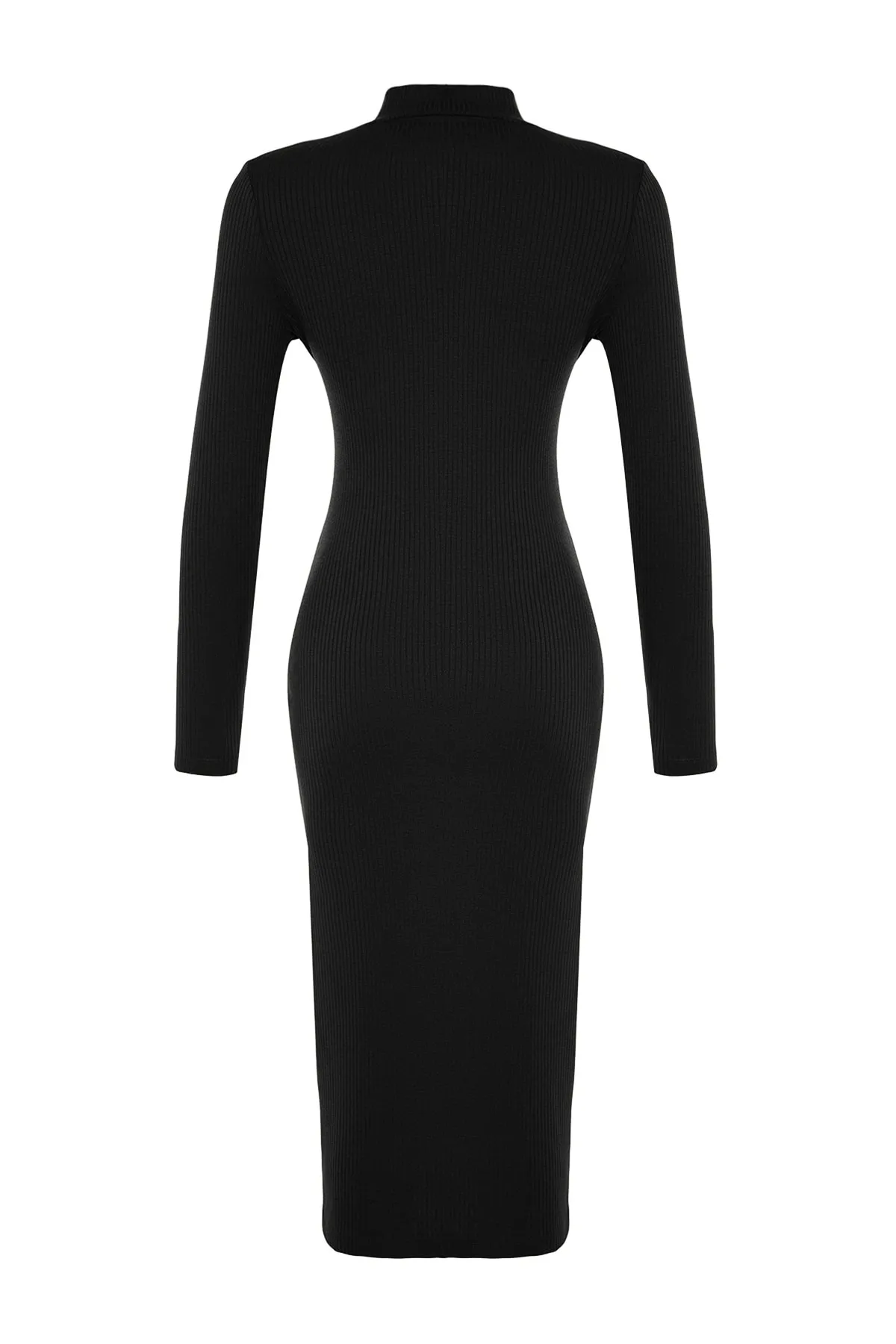 Trendyol Collection  Schwarzes, geripptes, tief geschlitztes, detailliertes, tailliertes Midi-Stretch-Strickkleid TWOAW24EL00174