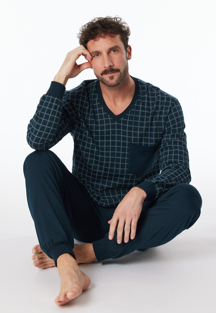Schlafanzug lang Bündchen jeansblau kariert - Comfort Nightwear