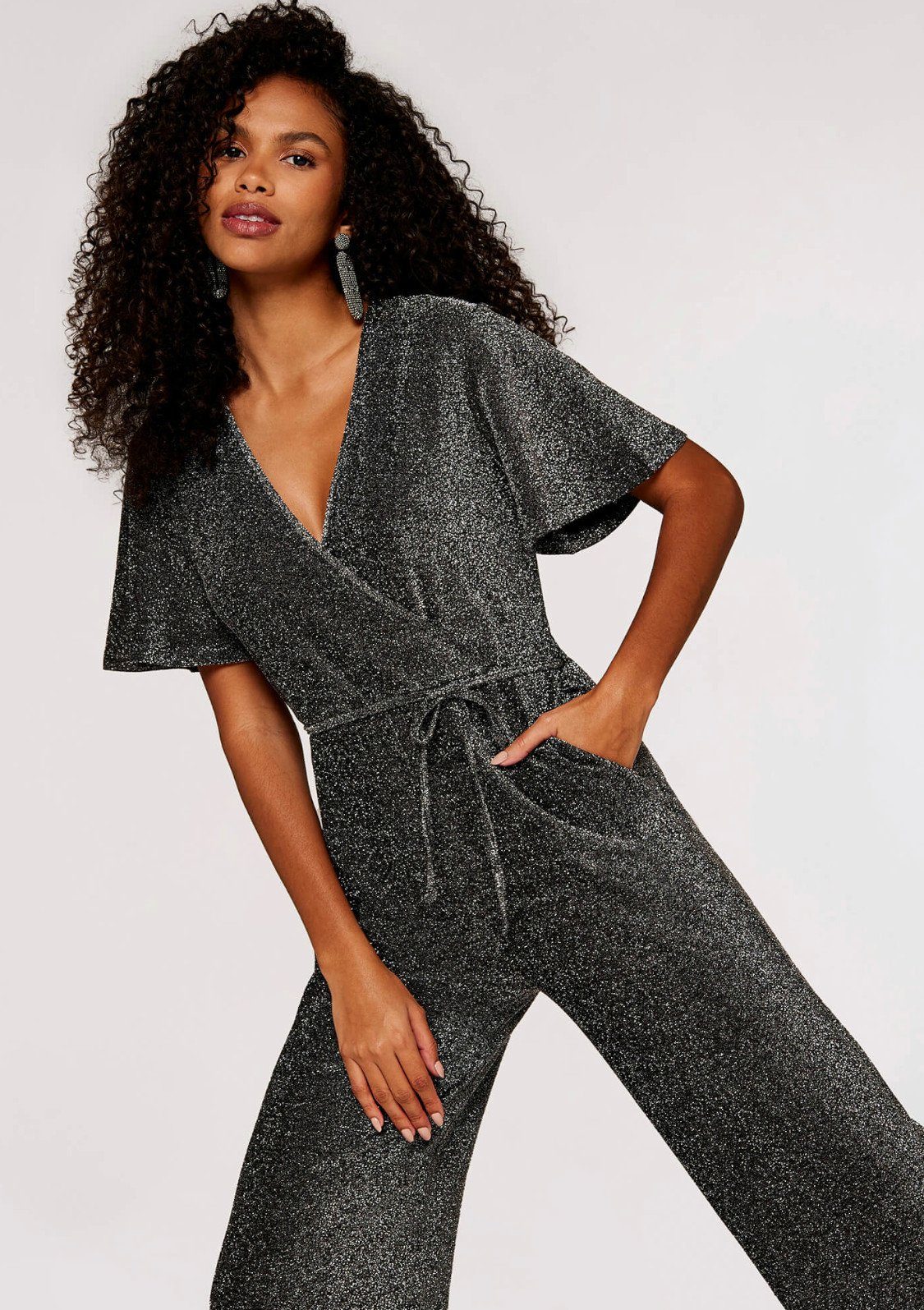 Apricot Jumpsuit Sparkle Angel Sleeve Jumpsuit (2-tlg., mit Bindeband) mit Glitzer