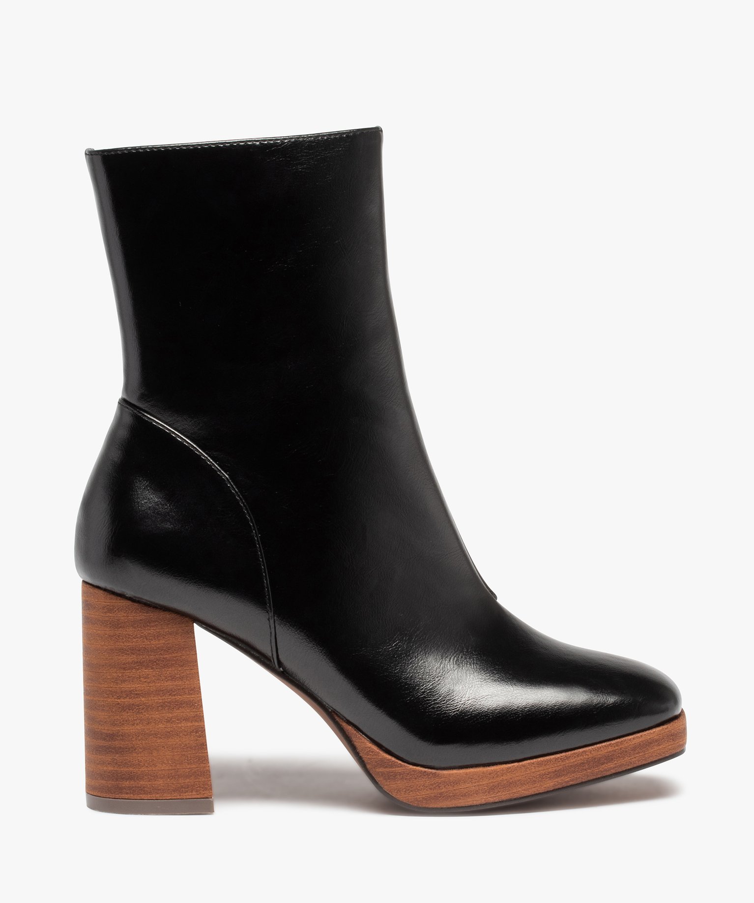 Boots femme à talon dessus uni et bout carré noir | GEMO