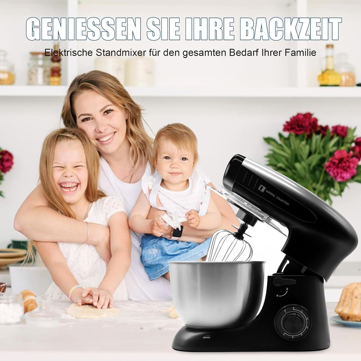Kraftline Küchenmaschine Knetmaschine 1900W mit 6,5L Edelstahl Schüssel 6 Geschwindigkeiten, 6,50 l Schüssel, 1900 Watt Motorleistung