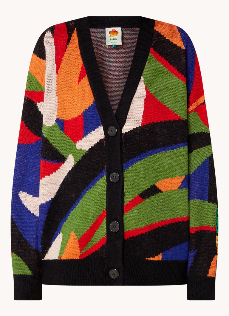 Cardigan cu imprimeu floral Farm Rio Flowers și model banană, tricotat fin, din amestec de lână, cu model tricotat.