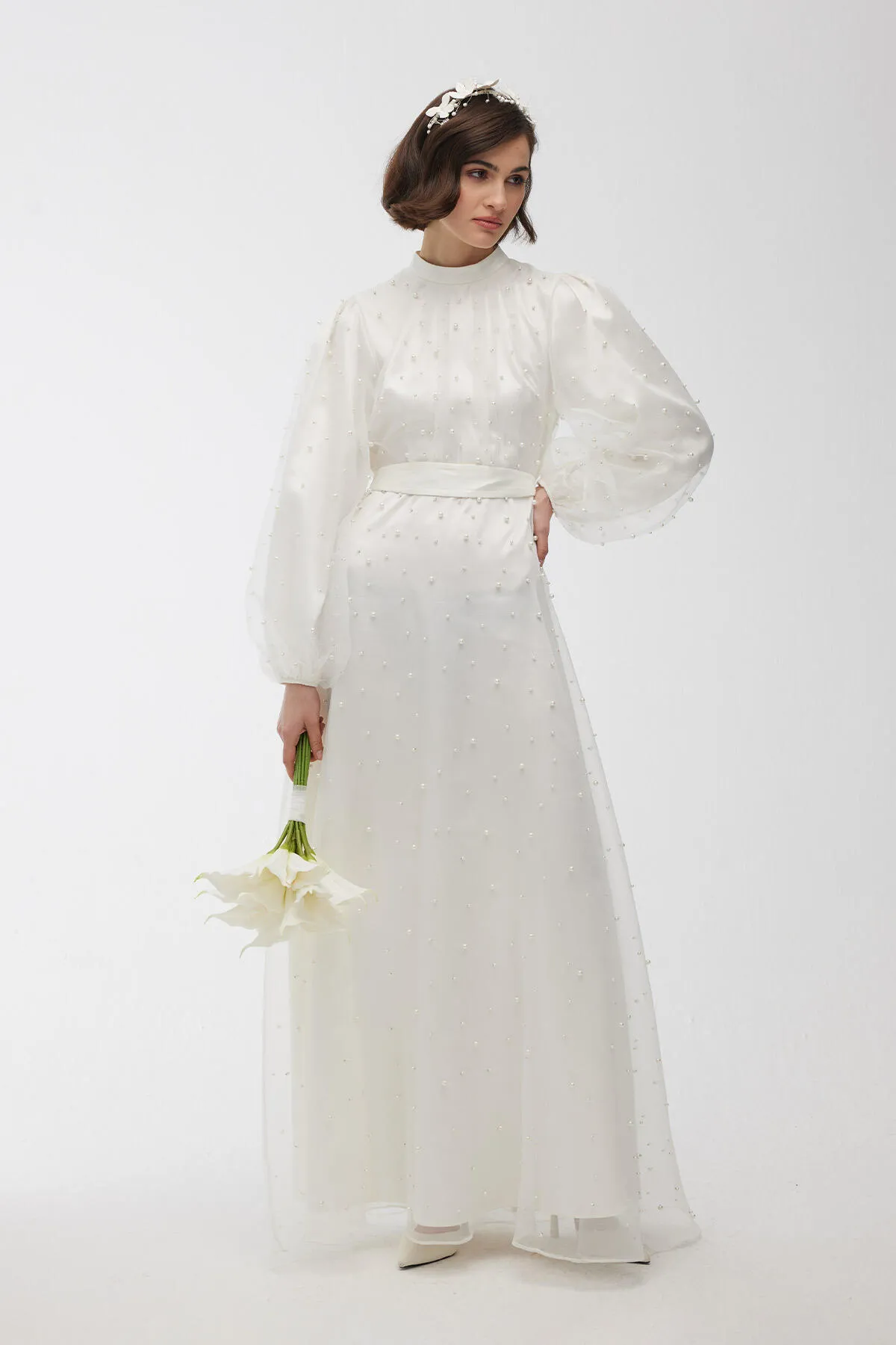 Manuka  Abendkleid mit Tüll und Perlendetails Ecru