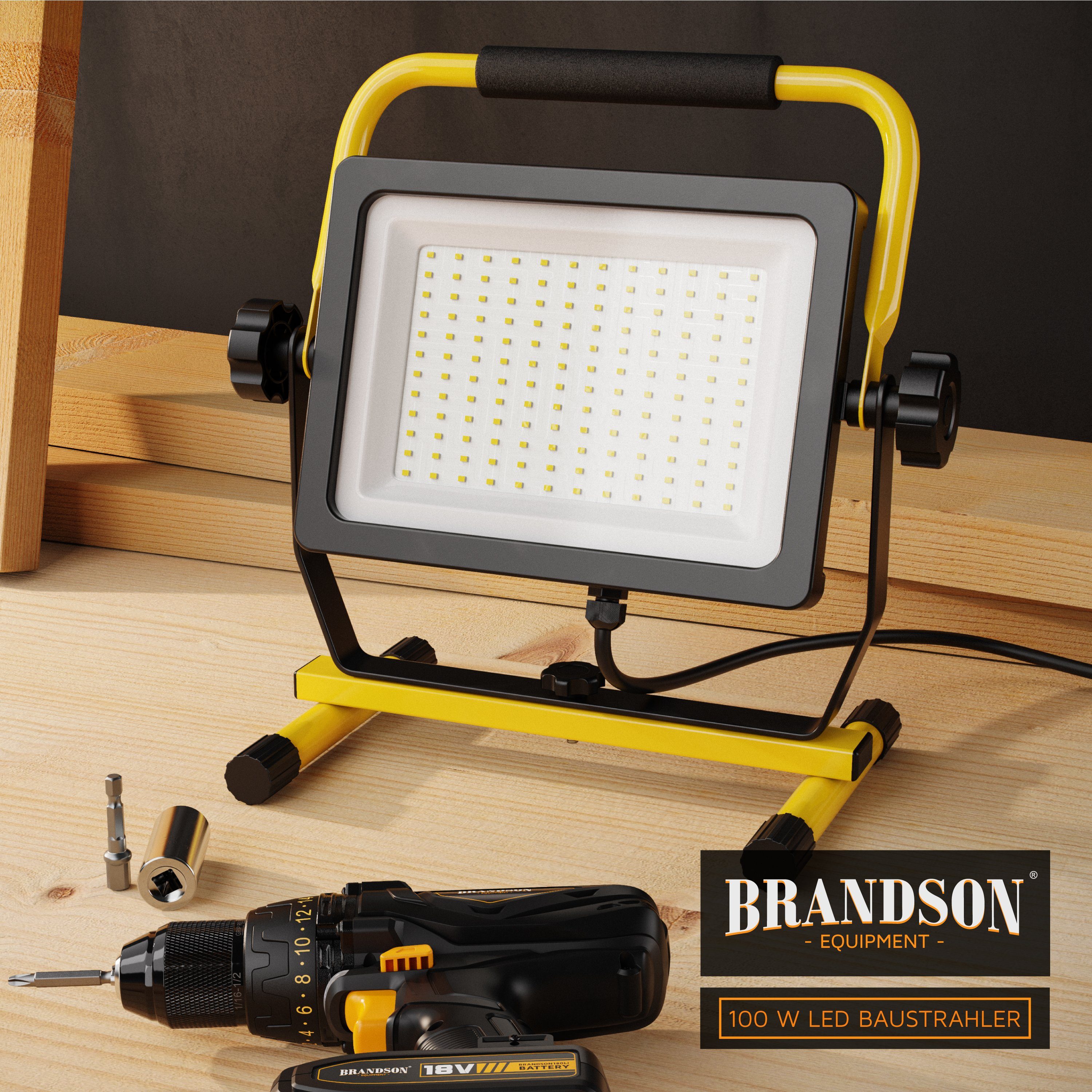 Brandson Baustrahler, LED fest integriert, Tageslichtweiß, 100W LED Arbeitsleuchte mit 144 SMD LEDs, Bauscheinwerfer