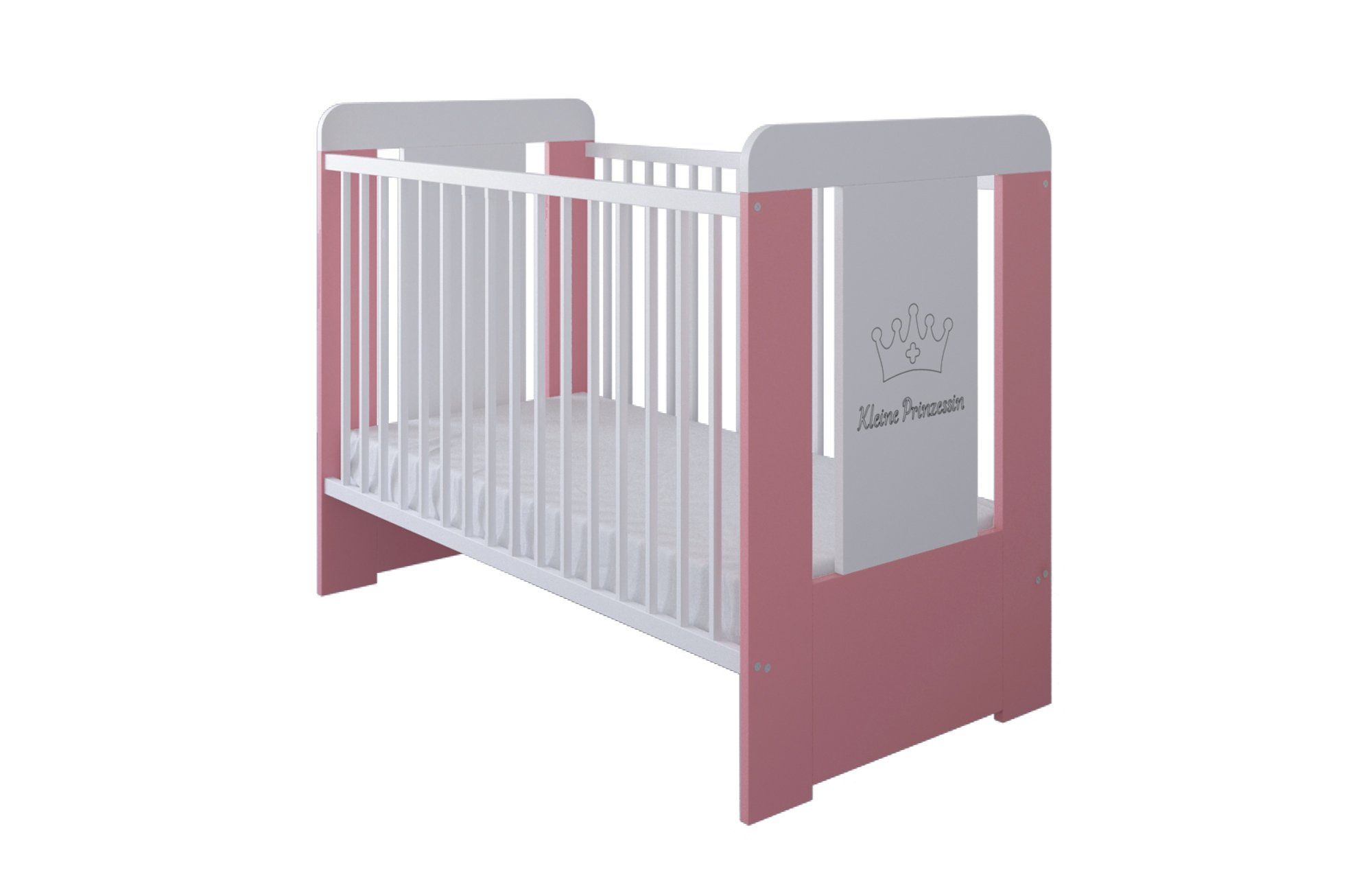 Kids Collective Babybett Gitterbett höhenverstellbar, herausnehmbare Sprossen, Kleine Prinzessin Gravur 60x120 weiss pink, optional mit Matratze