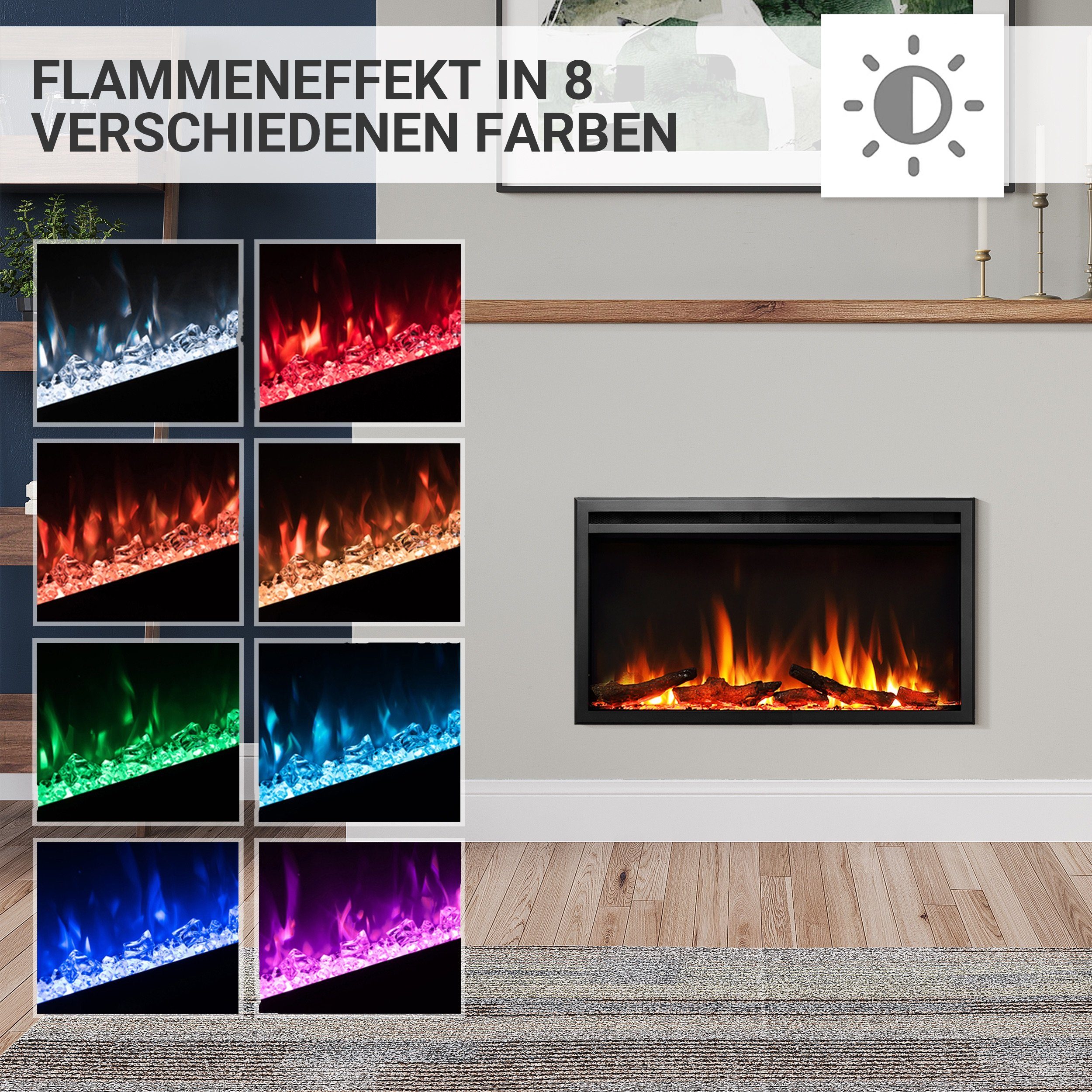 RICHEN Elektrokamin Atalanta, Einbaukamin mit Heizung 2000W, 3D-Flammeneffekt, integrierte Knisterfunktion, Fernbedienung, Timer, Thermostat