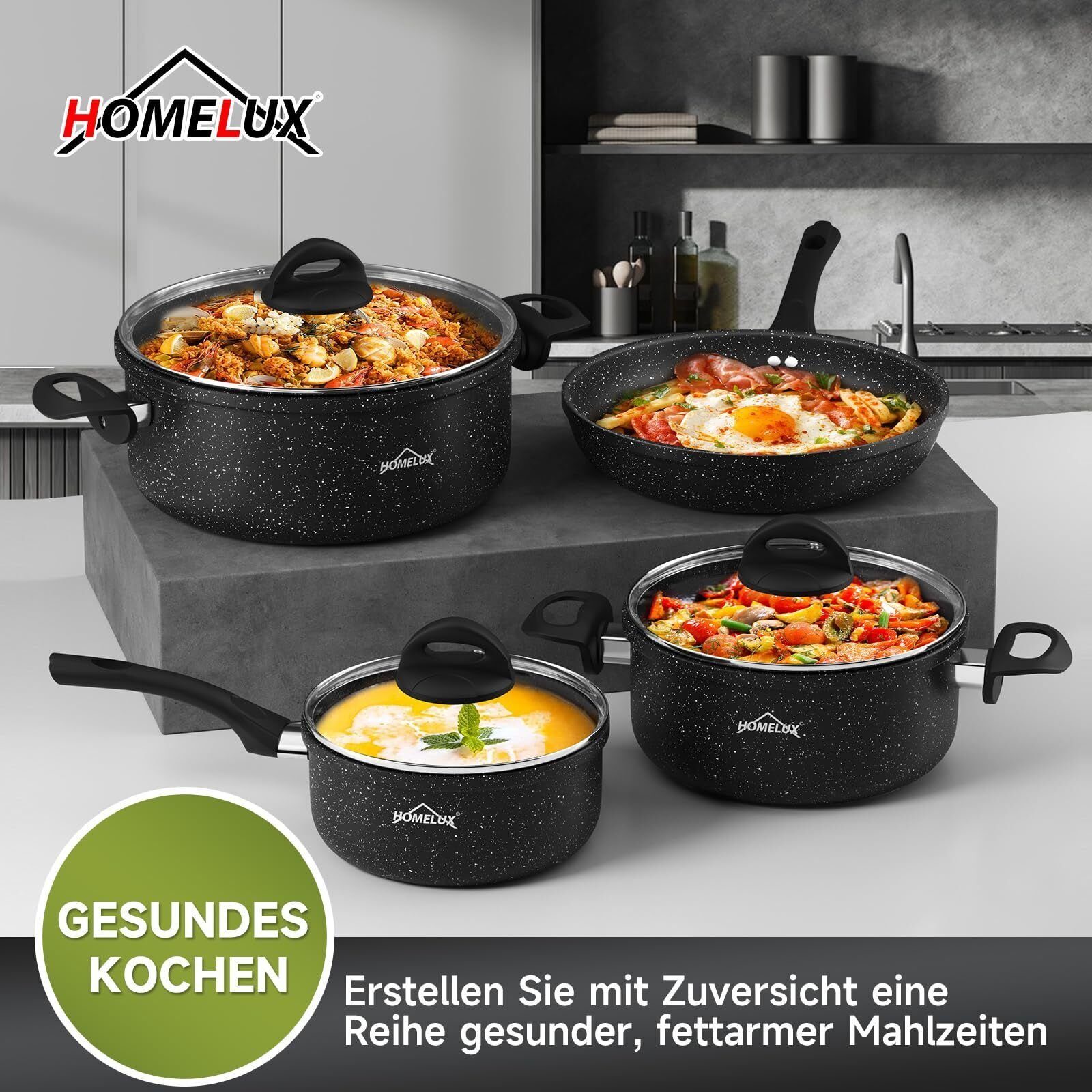 HOMELUX Topf-Set Induktions Töpfe Set, Aluminiumguss Kochtopfset mit Deckel, Aluminium (Set, 7-tlg., Töpfe Set mit Glasdeckel), Induktion