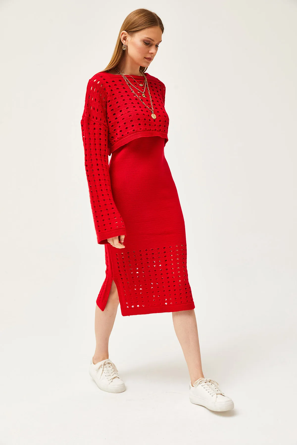 Olalook  Damen-Strickwaren-Set mit rotem Oberteil und durchbrochenem Pullover und unterem durchbrochenem Kleid TKM-19000246