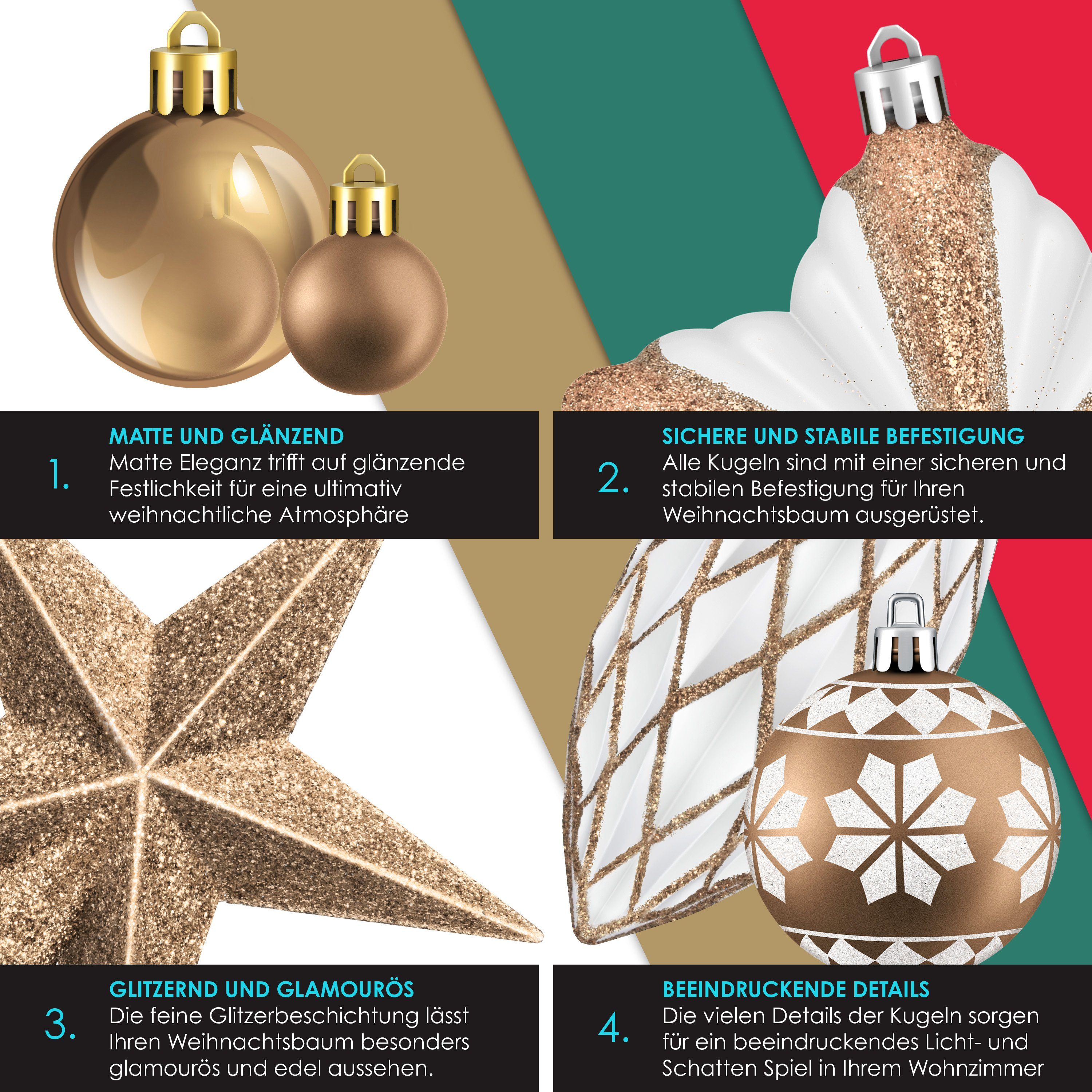 KESSER Christbaumschmuck (135-tlg), Weihnachtskugeln 105-teiliges Set Baumspitze Christbaumkugeln