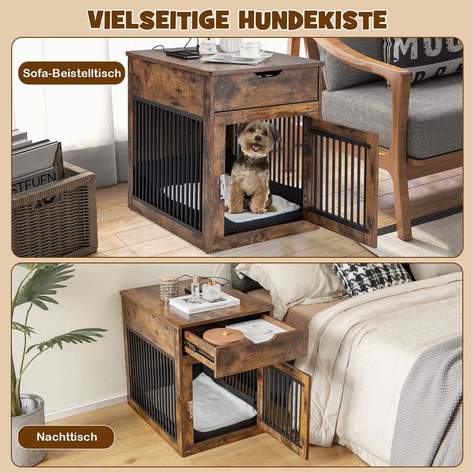 COSTWAY Hundehütte Hundekäfig, mit Ladestation, für S Hunde