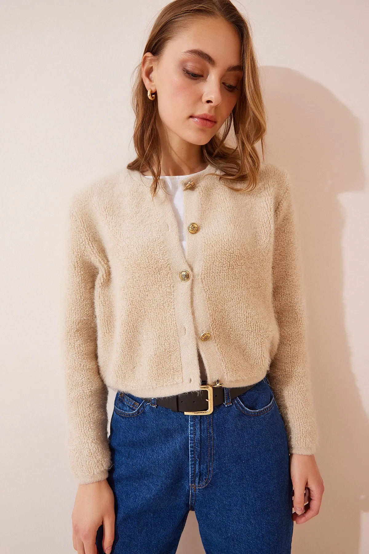 Happiness İstanbul  Damen Dunkelcreme Bouclé Strickjacke Cardigan YY00117