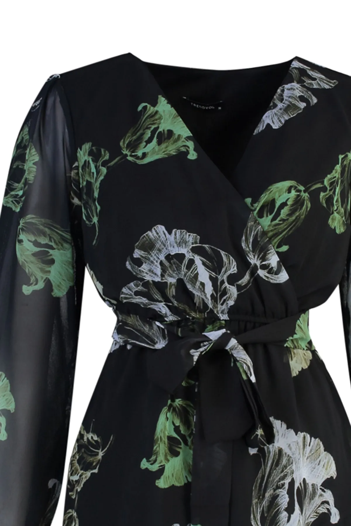 Trendyol Collection  Schwarzes, gemustertes Webkleid mit Gürtel TWOAW23EL00349