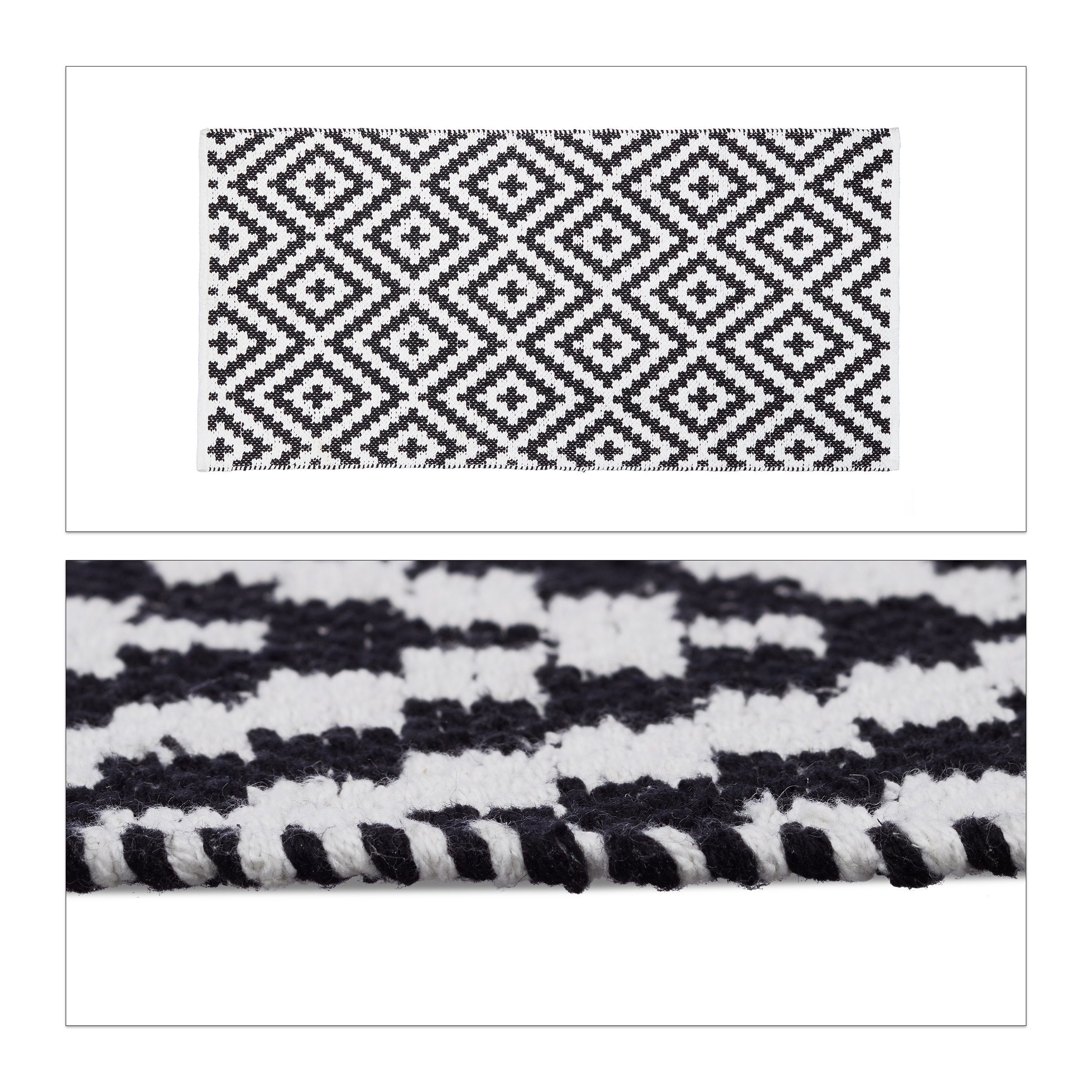 Läufer Teppich Baumwolle schwarz weiß, relaxdays, Höhe: 10 mm, 70x140cm