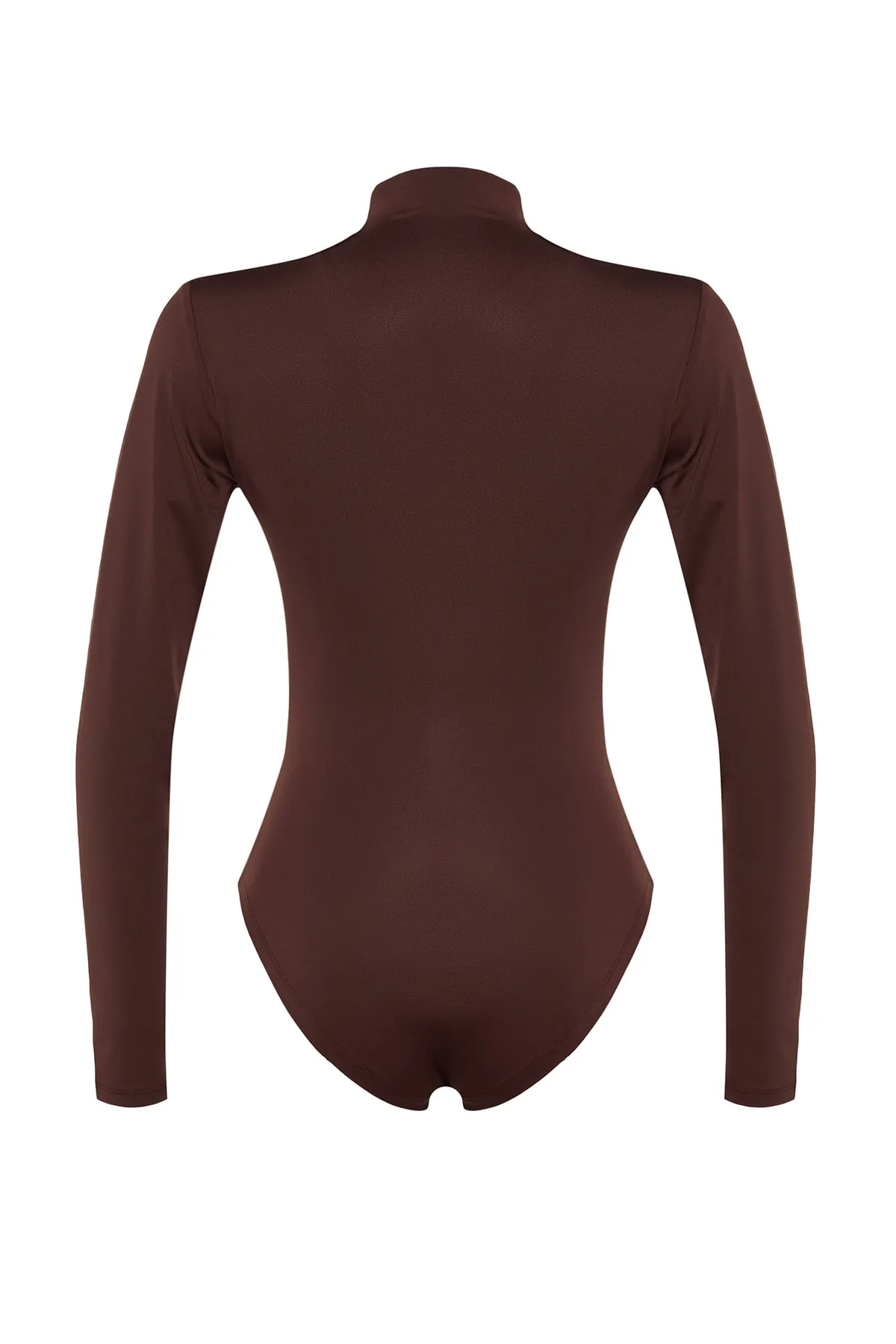 Trendyol Collection  Brauner Stretch-Strickbody mit Stehkragen und Druckknöpfen, gerafftem Detail TWOAW24BD00014