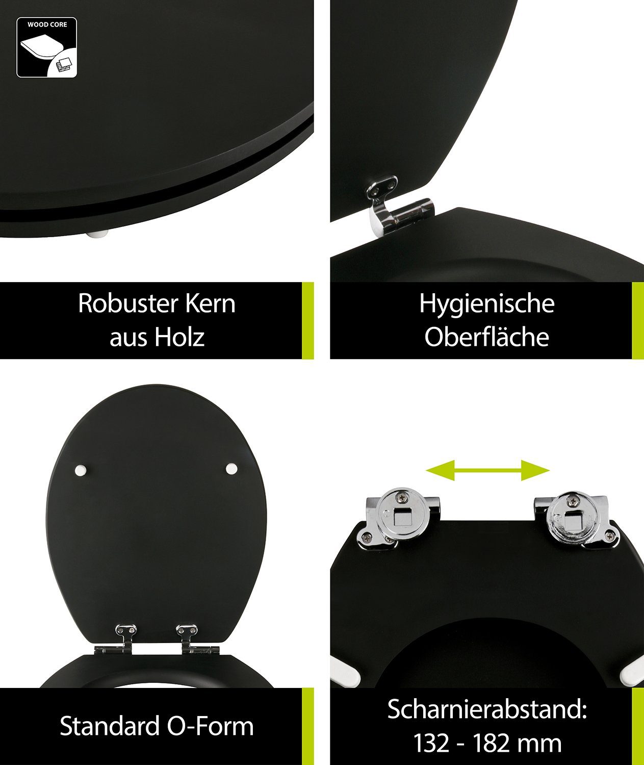 Sitzplatz WC-Sitz Einfarbig, Schwarz, Holzkern, Absenkautomatik, Soft Touch, Montage unten, 403955