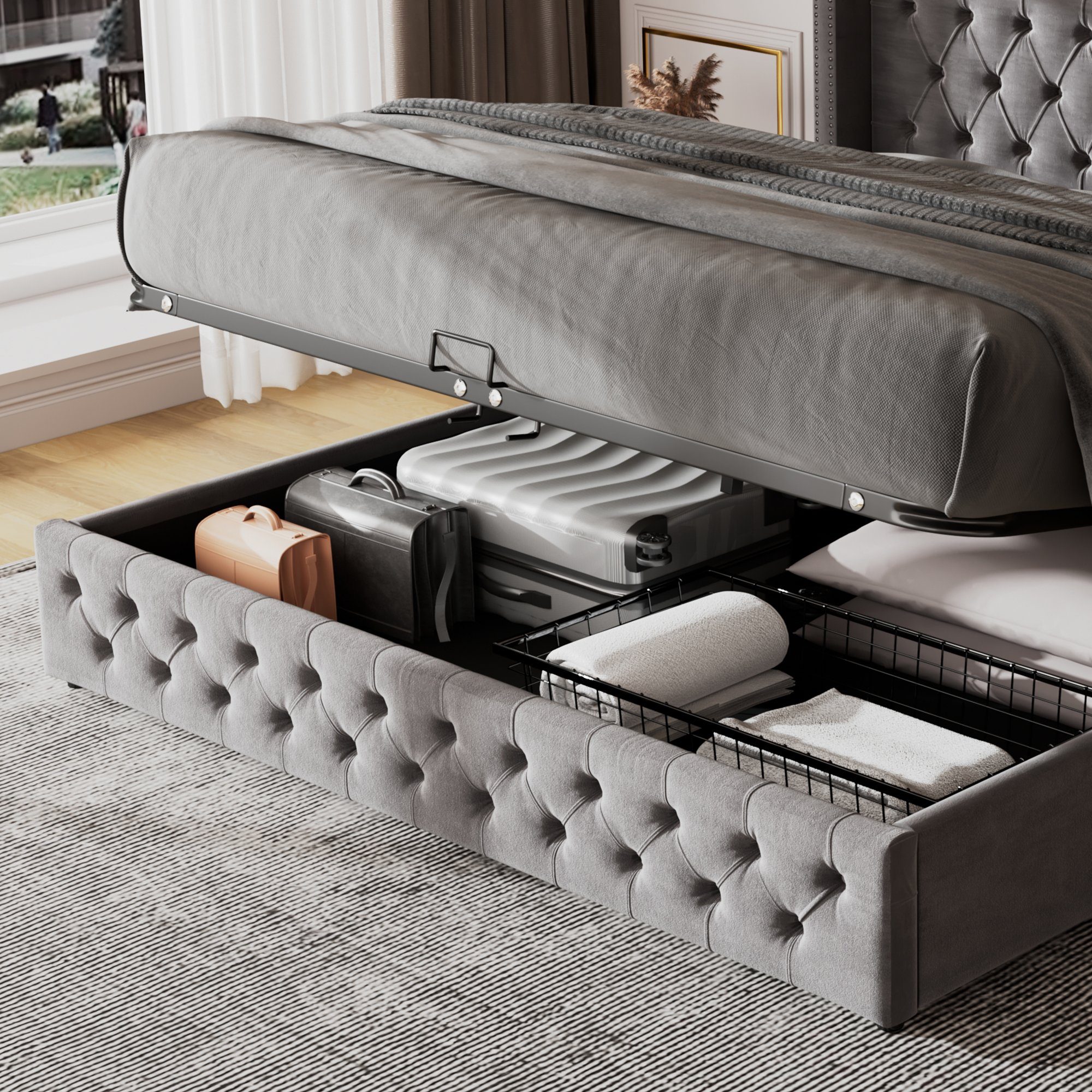 REDOM Polsterbett Doppelbett Stauraumbett (Ohrenform Doppelte Nietenreihe Flanell, Knopfnähte Kopf-und Fußende, Bettunterseite ist mit schmutzabweisenden schwarzen Vliesstoff, Grau), 140x200cm ohne Matratze