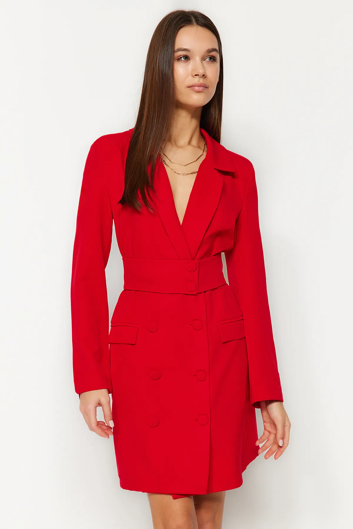 Trendyol Collection  Rote Jacke aus Webstoff mit Mini-Knopfdetail und Gürtel TWOAW24EL00497