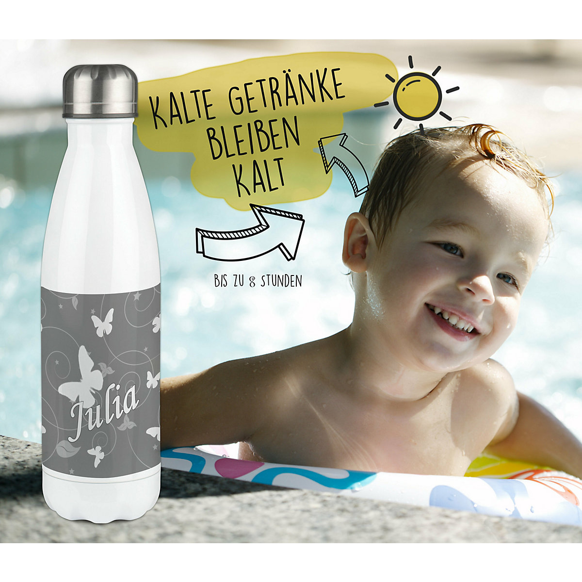 Edelstahl Kinder Thermoflasche / Trinkflasche bunt Schmetterling Ornamente Farbe grau Spülmaschinenfest, Auslaufsicher, Bruchfest, Doppelwandig, Für Heißgetränke geeignet, Mit Deckel, Isoliert