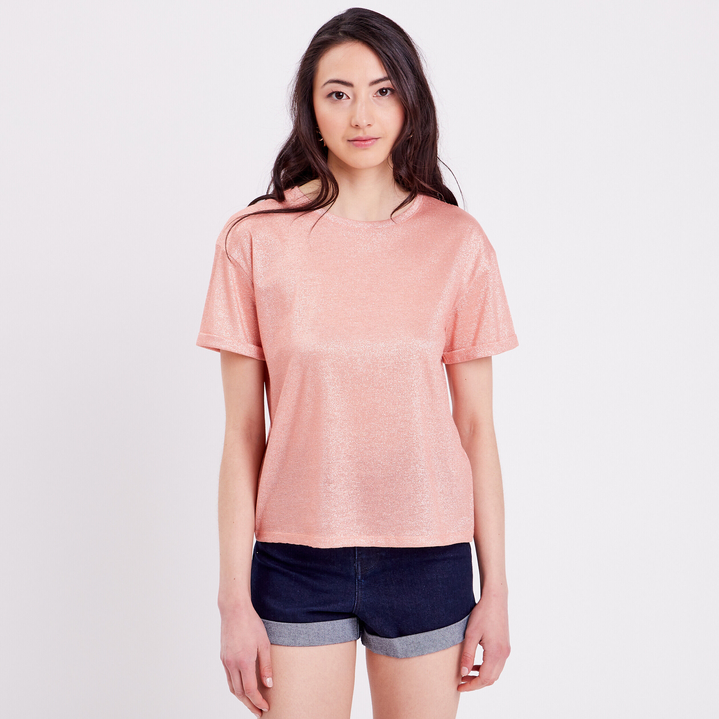 T-shirt fluide fils métallisés rose saumon femme | Cache Cache