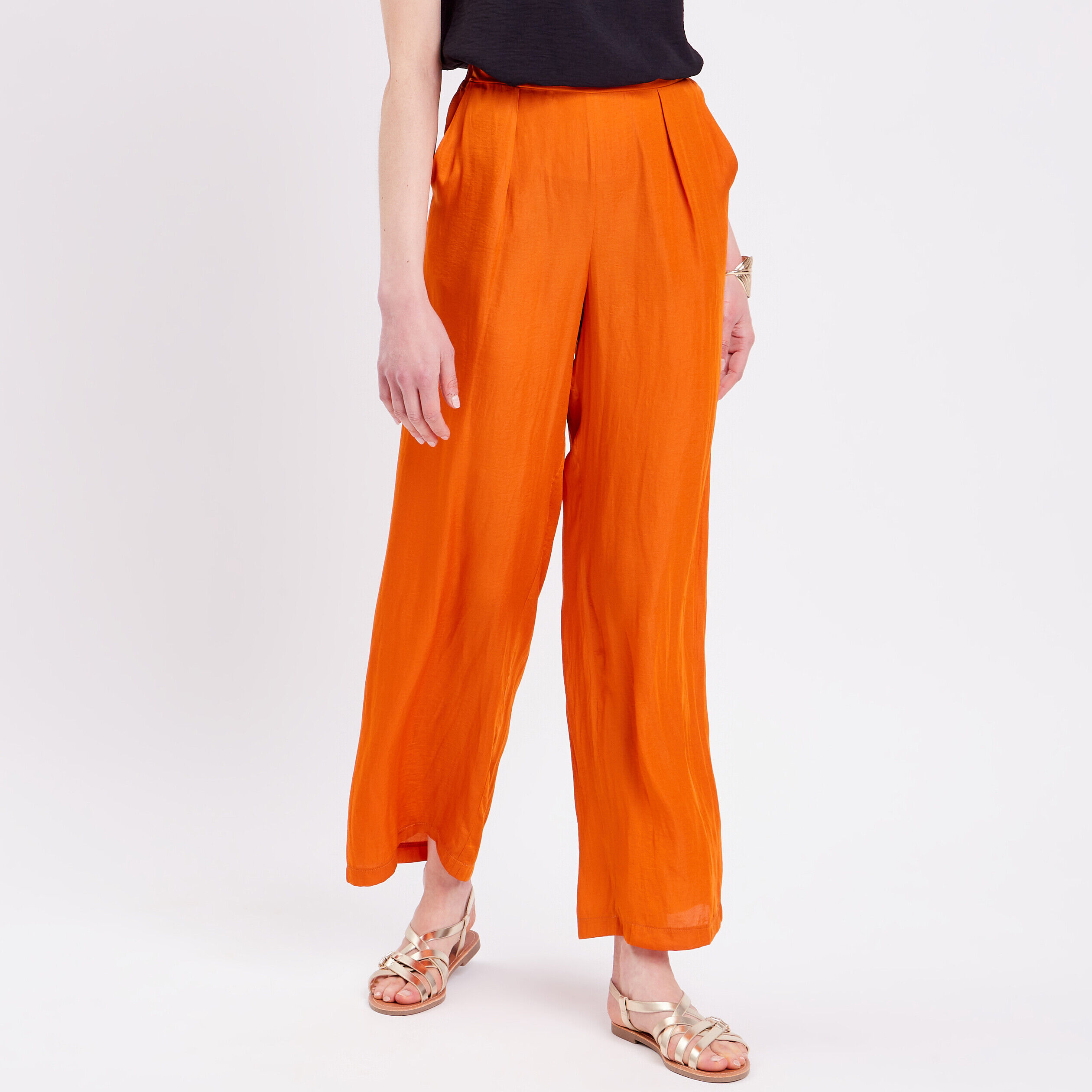 Pantalon city large satin orange femme | Cache Cache