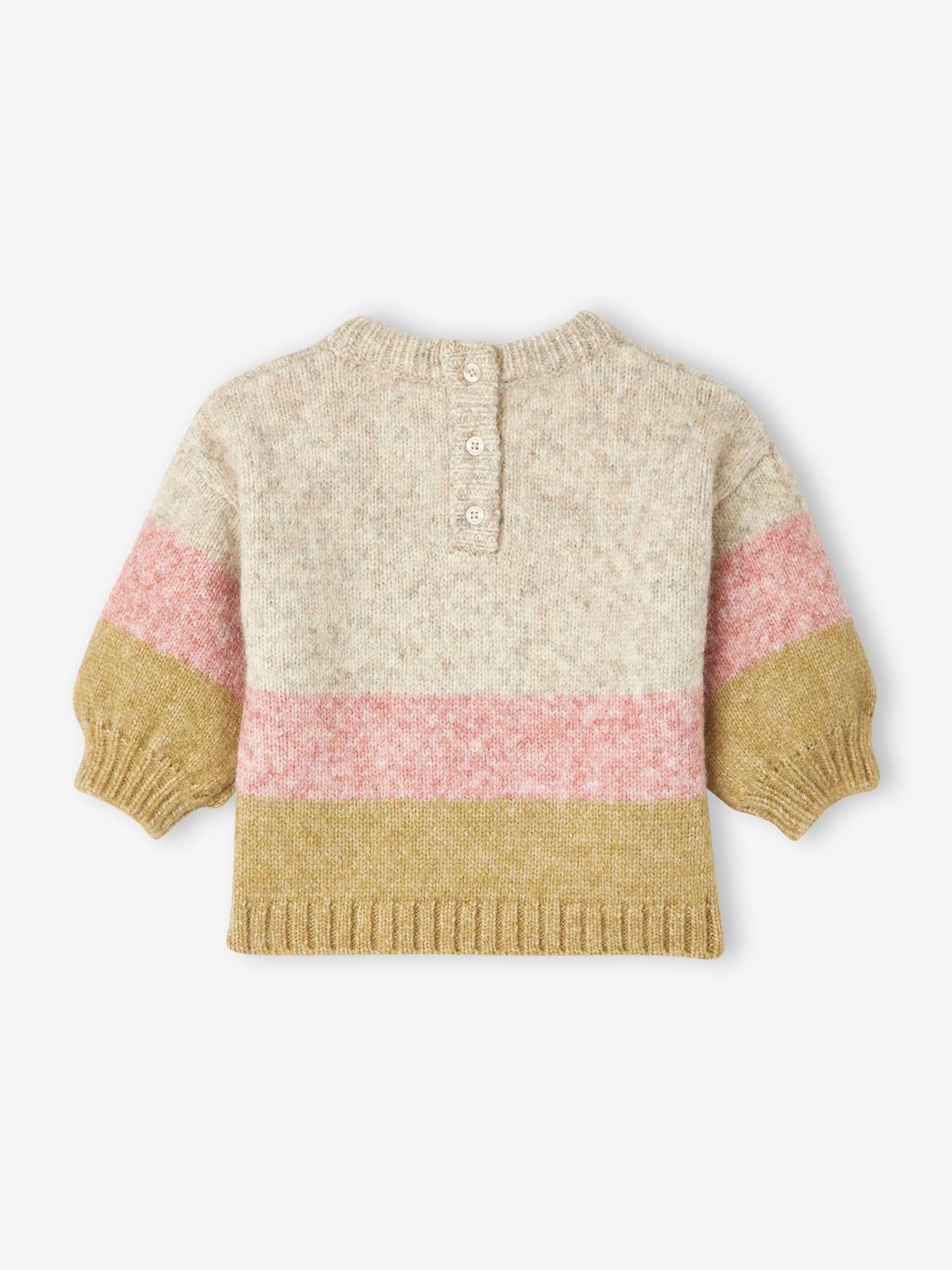 Pull tricot rayures larges bébé beige rosé