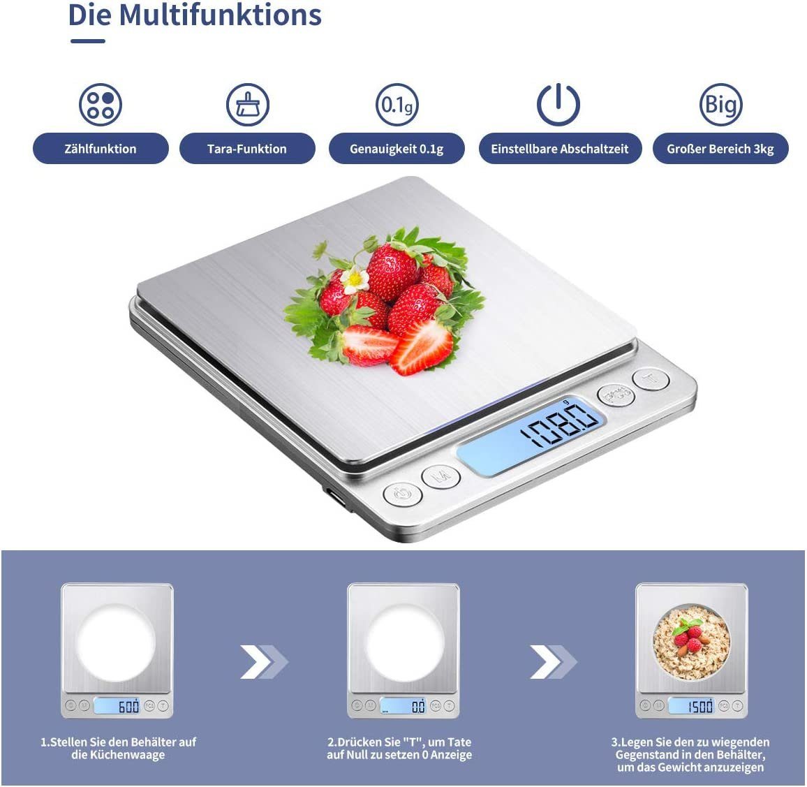 Blusmart Küchenwaage Feinwaage, (Professionelle Präzisionswaage/Feinwaage/Goldwaage/Taschenwaage, Mit Tara-Funktion, sehr genau), Digitale hochpräzise elektronische Küchenwaage mit LCD-Display
