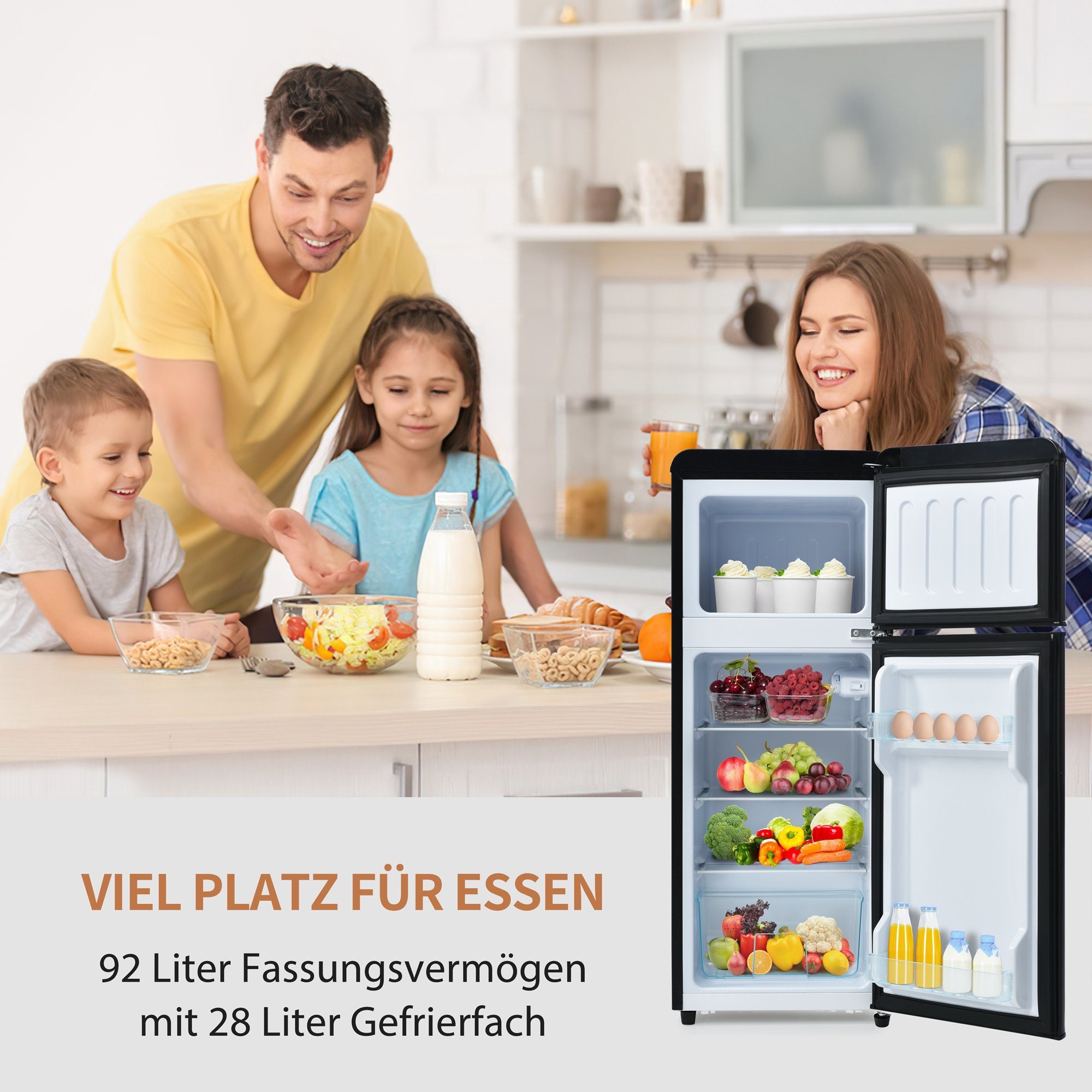 REDOM Kühlschrank Retro Kühl-/Gefrierkombination BCD-102, 105.5 cm hoch, 41 cm breit, Türregale und Glasregale. 181 kWh/Jahr, -27°C ~13°C, LED-Licht.
