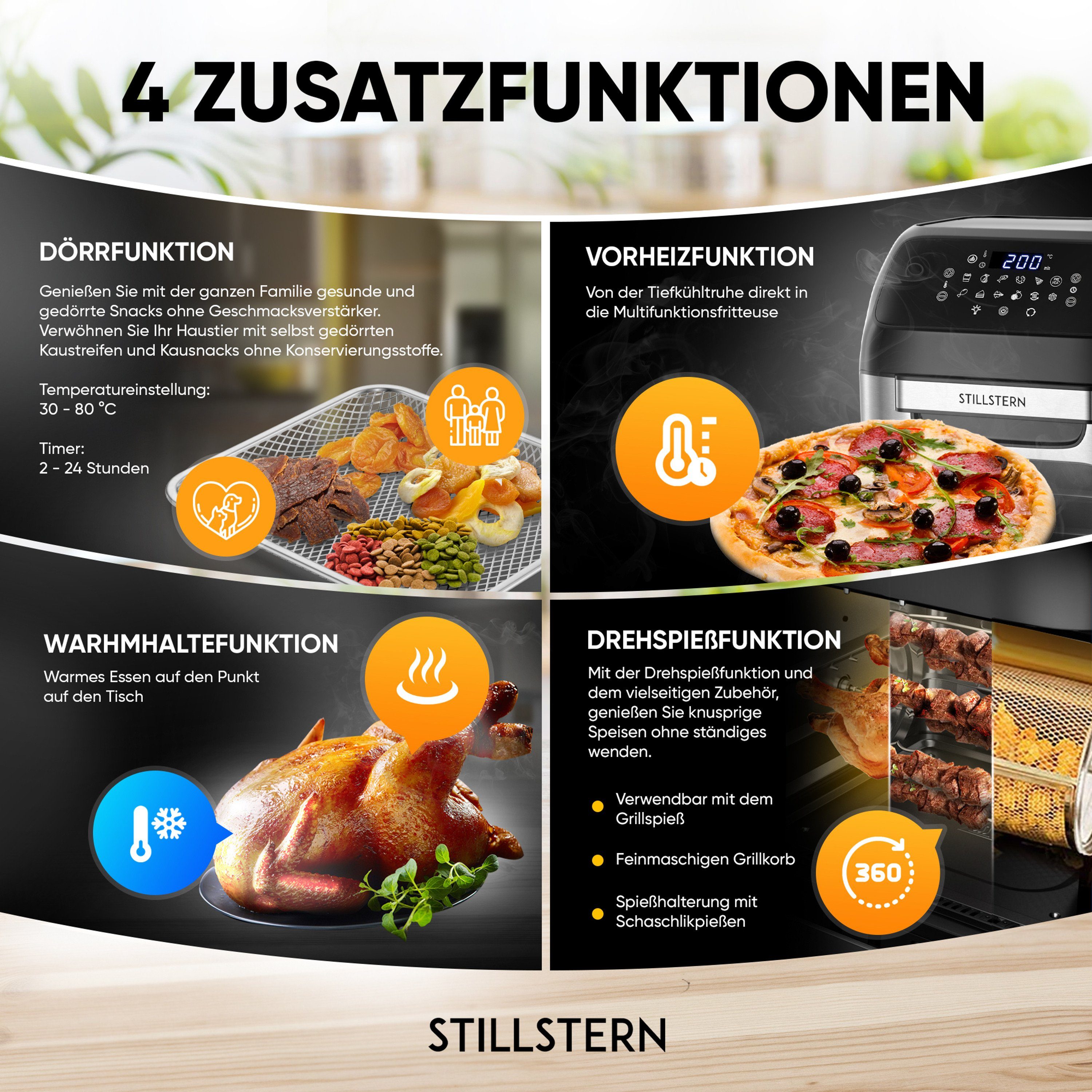 Stillstern Heißluftfritteuse MULTI-FryHD Touch 10.1, 4-in-1 (Frittieren, Backen, Dörren & Grillen), 12L mit 12 Kochprogramme, Vorheizen & Warmhalten