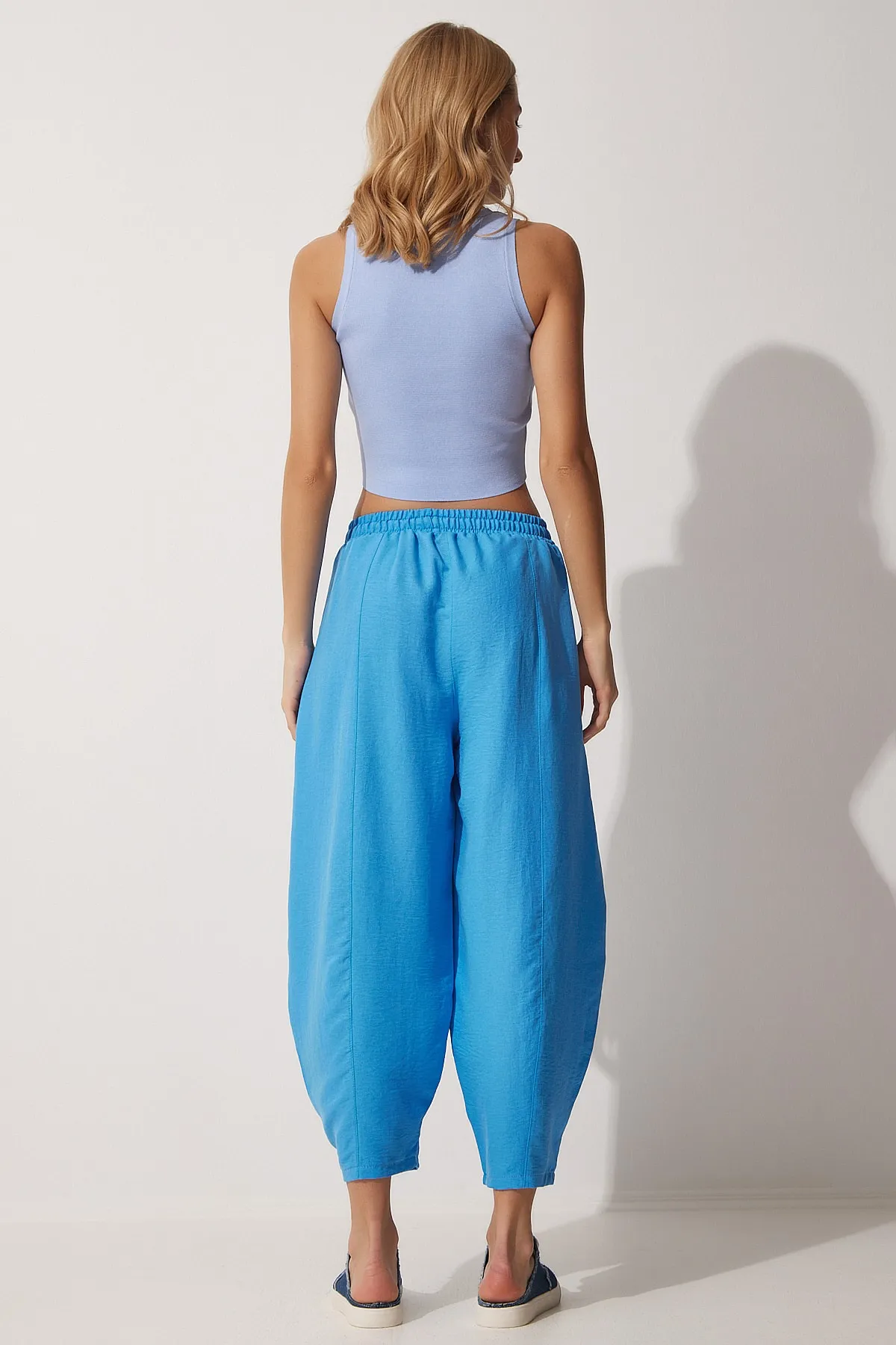 Happiness İstanbul  Blaue Leinen-Shalwar-Hose für Damen DZ00081