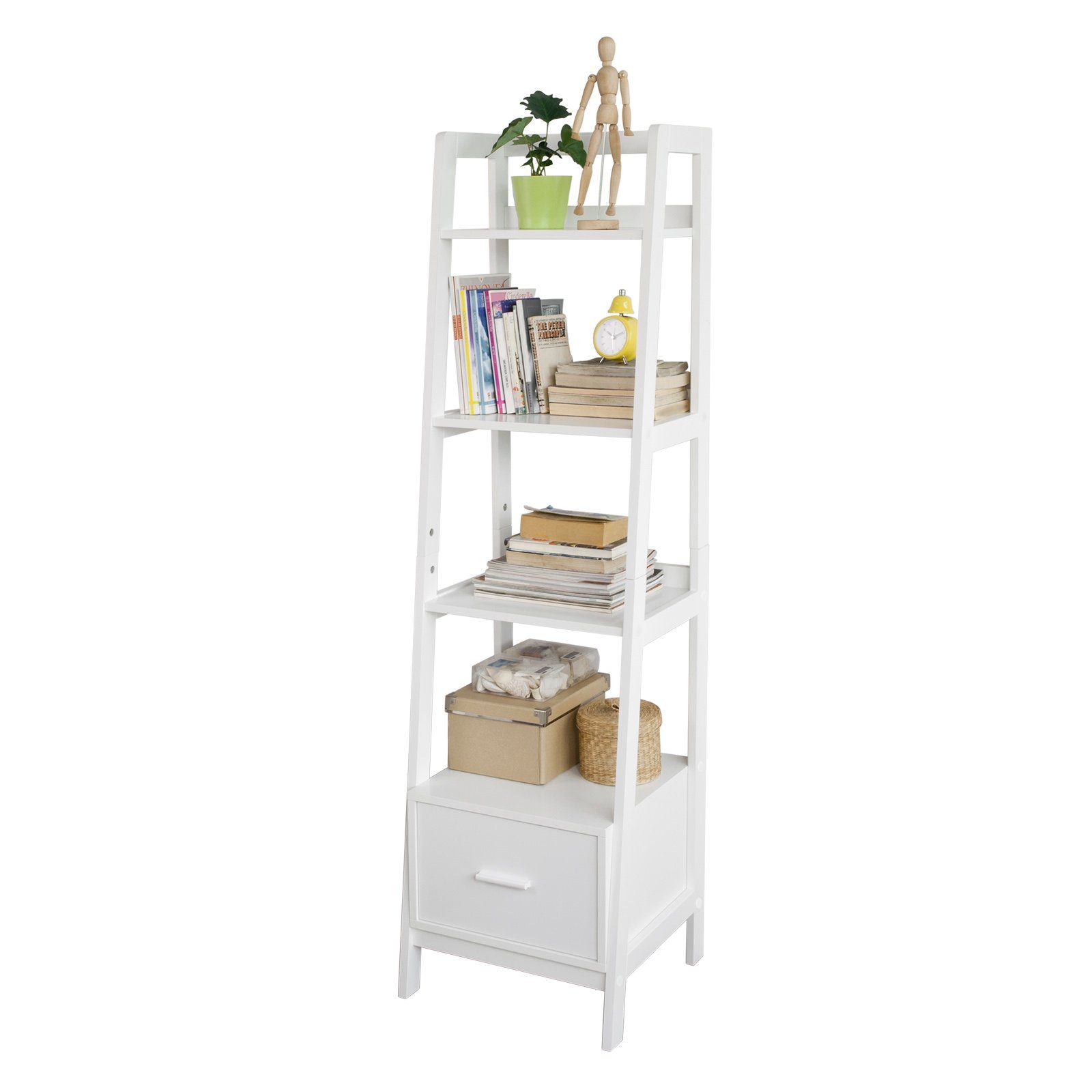 SoBuy Leiterregal FRG116, Bücherregal Standregal Badregal mit Ablagen und Schublade in Weiß