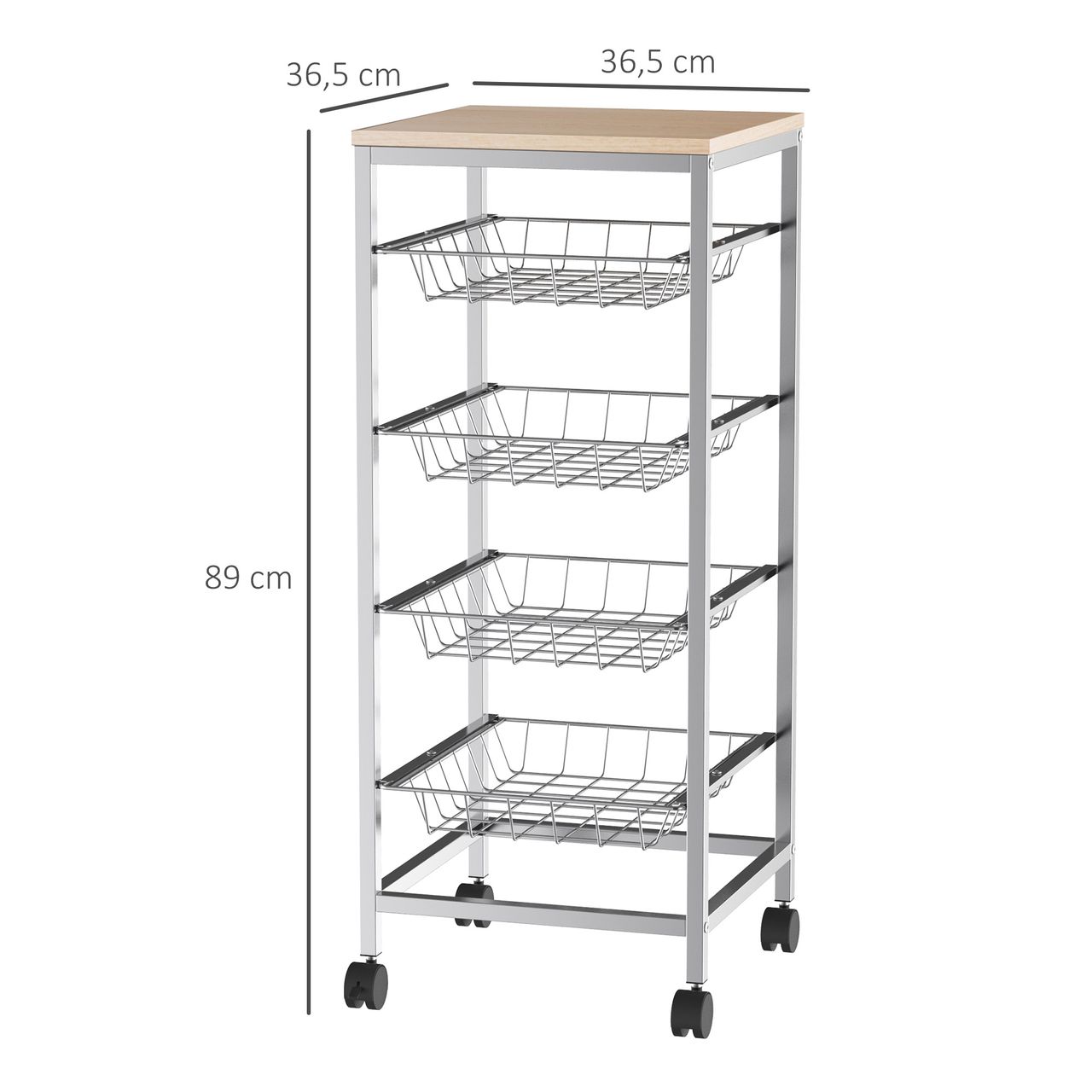 HOMCOM Servierwagen, Küchenwagen mit Metallkörben, Küchentrolley, Beistellwagen, Silber, 36,5 x 36,5 x 89 cm