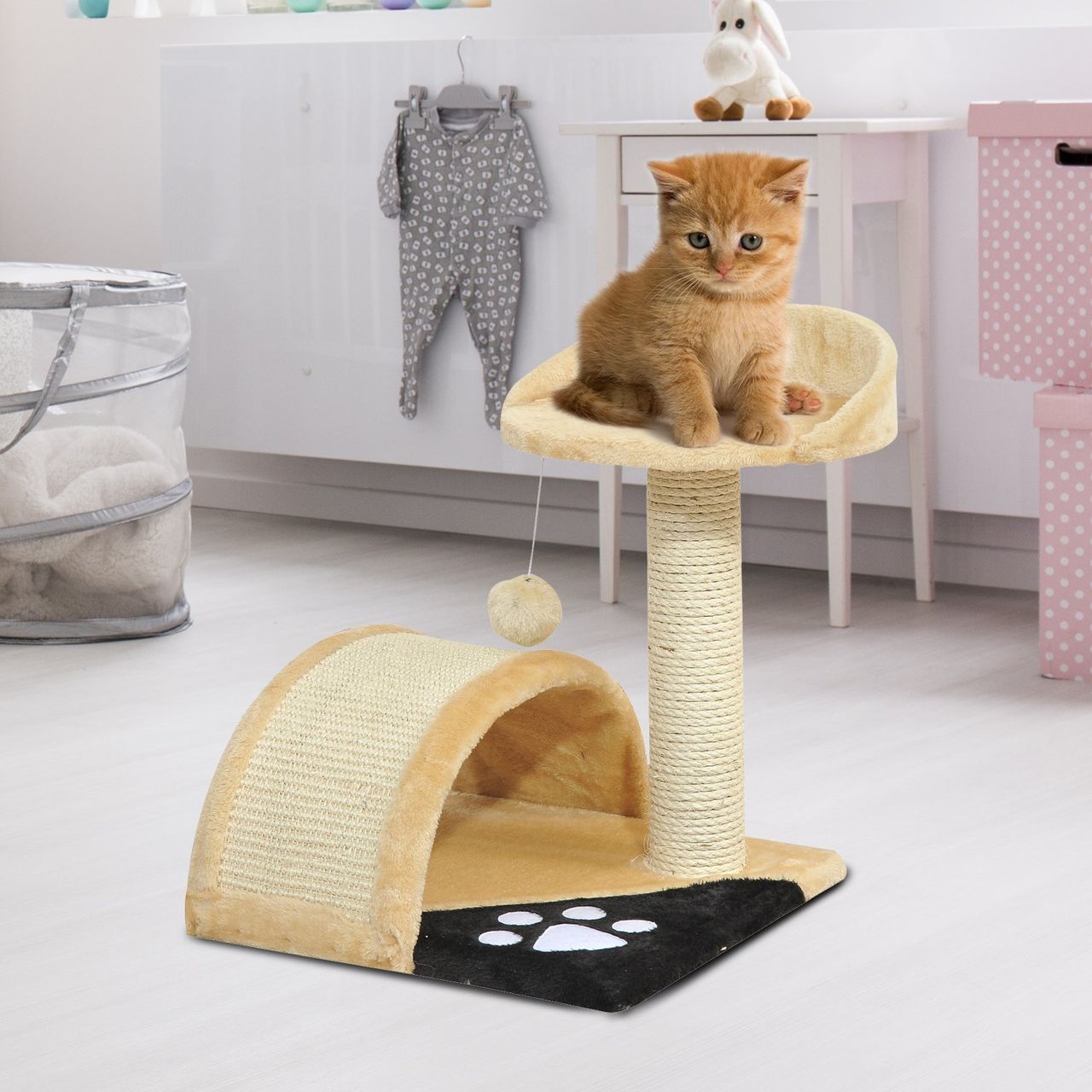 PawHut Kratzbaum Katzenbaum mit Spielbällen Sisalseil-Kratzstangen Beige