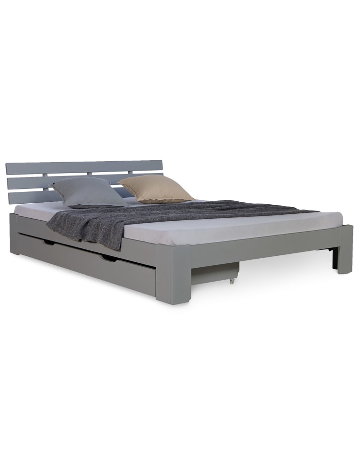 Homestyle4u Holzbett 140x200 mit Lattenrost und Bettkasten in Grau günstig kaufen 140 x 200 cm
