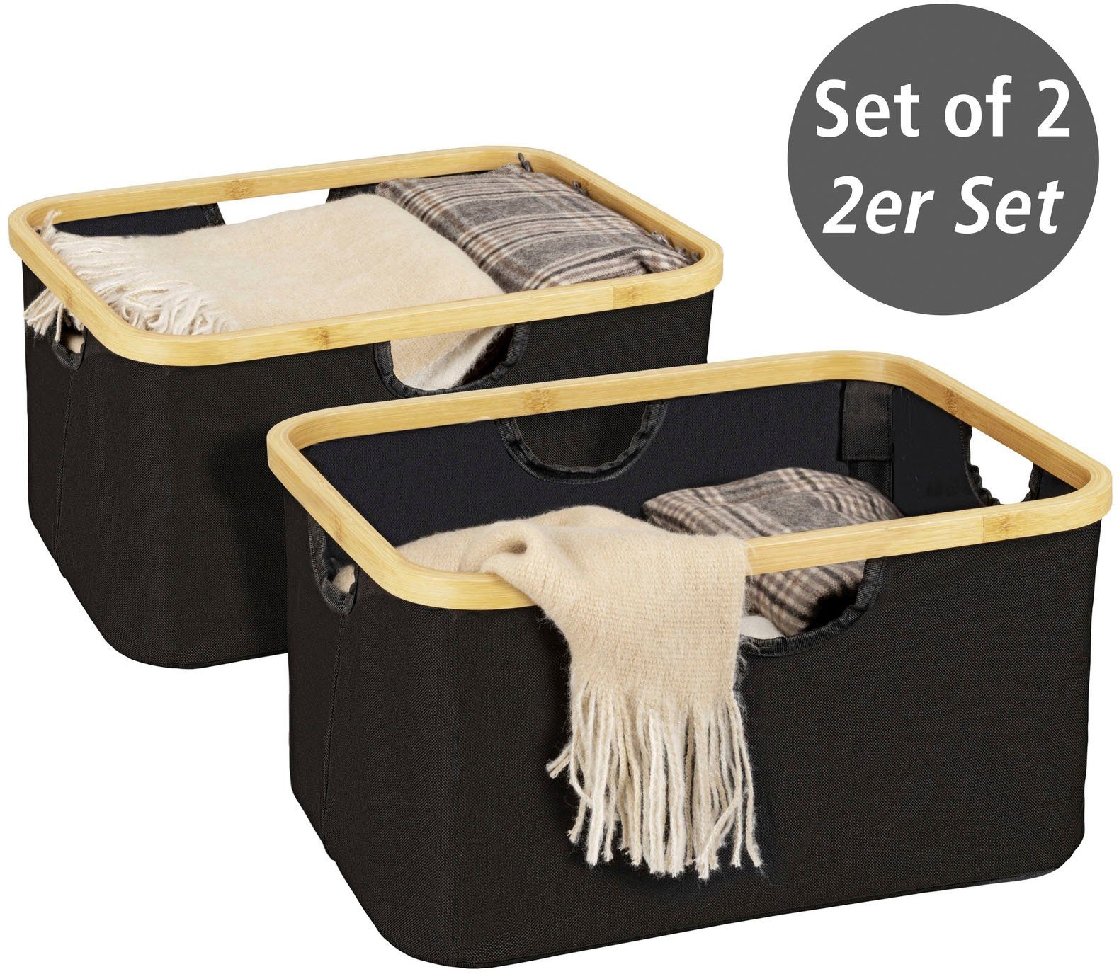 WENKO Wäschekorb Ecori, faltbar (Set, 2 St), Textilien 100% recyceltem Polyester,Rahmen FSC®-zertifiziertem Bambus