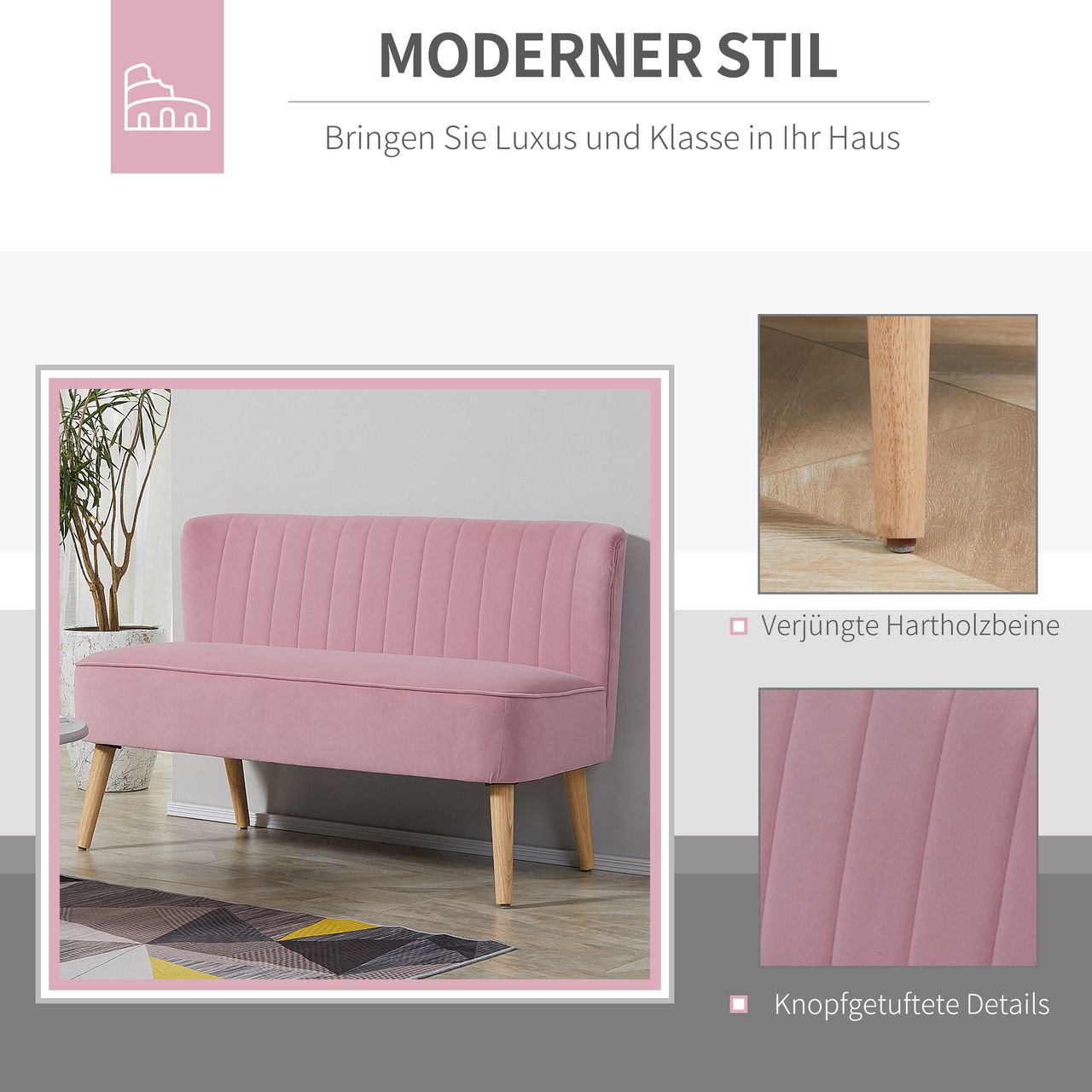 HOMCOM 2-Sitzer Stoffsofa Polstersofa Sitzmöbel Loungesofa Rosa 117 x 56,5 x 77 cm