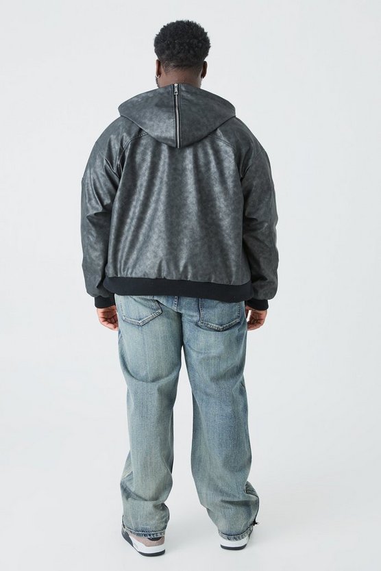 Plus PU-Bomberjacke mit Kapuze