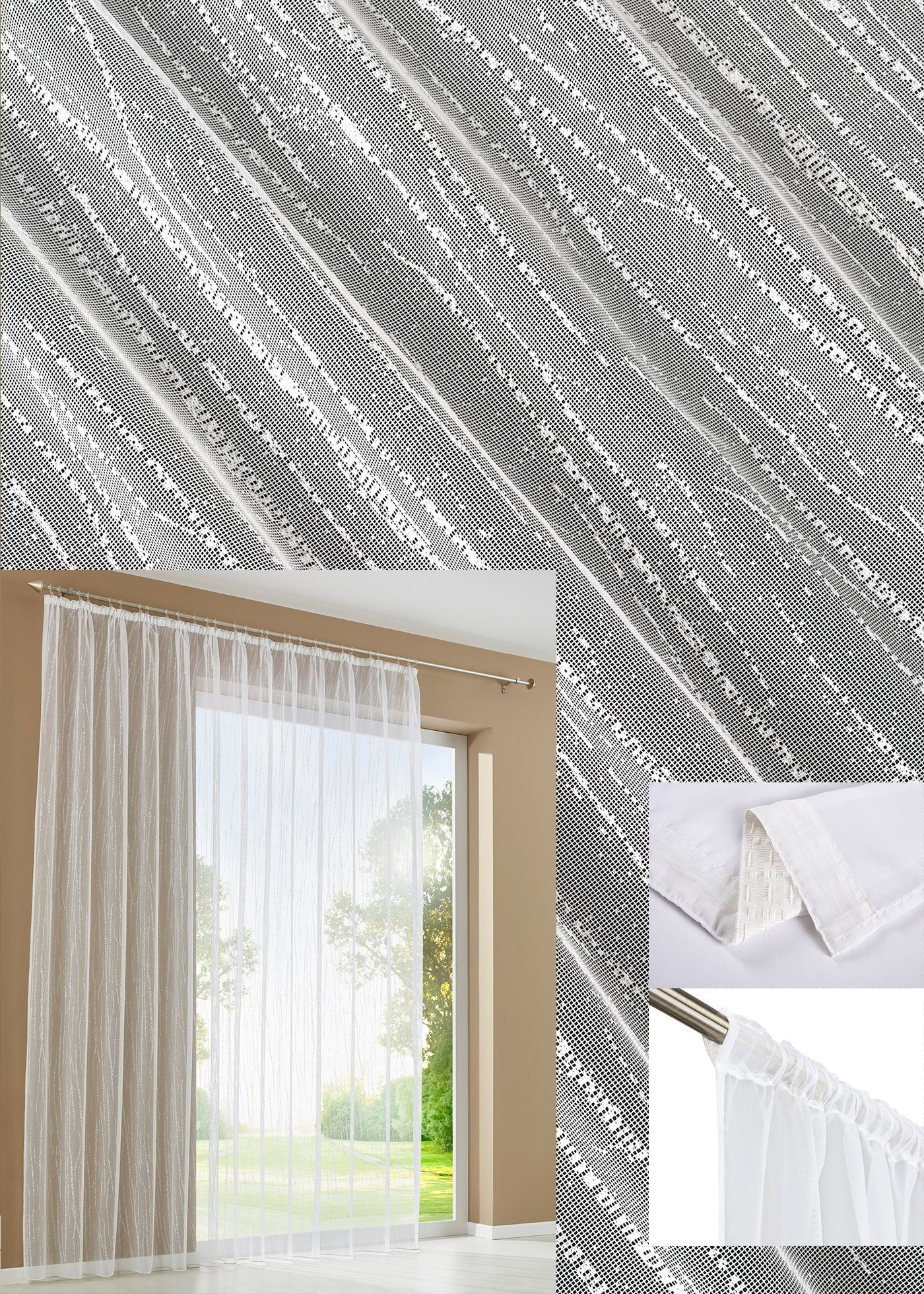 Bogenstore, Gardinenbox, Kräuselband (1 St), transparent, Jacquard, Store Jacquard Isabella Kräuselband Universalband Weiß Längsstreifen Transparent Voile 13145