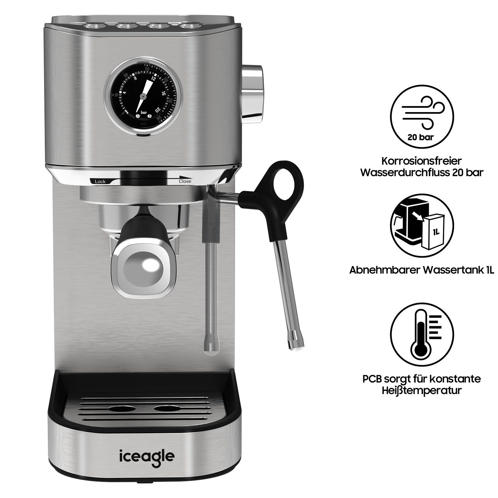 iceagle Espressomaschine Espressomaschine,Kaffeemaschine mit Milchschaumdüse, Filter aus rostfreiem Stahl, für Espresso&Cappuccino, Siebträgermaschine einstellbar Temperatur