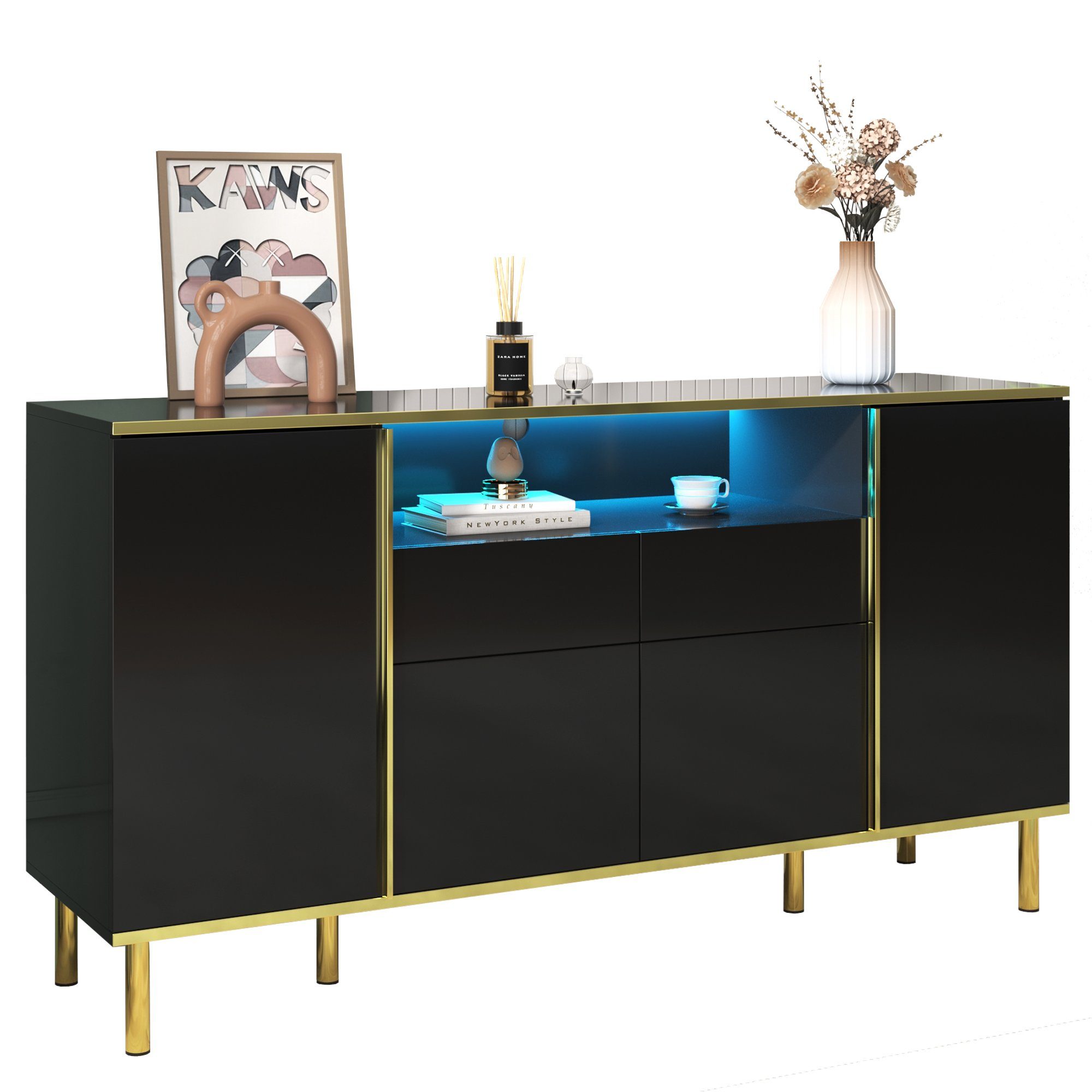 Merax Sideboard, hochglanz mit LED, Kommode mit goldenen Rahmen, Anrichte, Breite 150cm