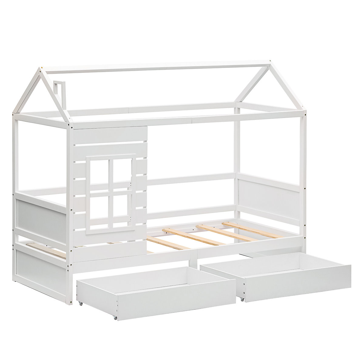 Hausbett 90x200 cm mit 2 Schubladen und Rausfallschtutz, Dach und Fenstern